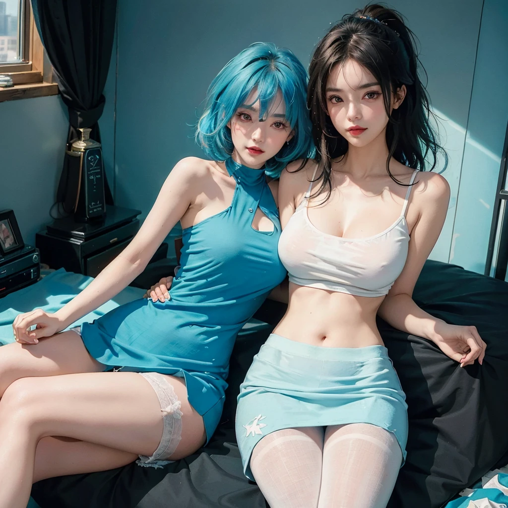 ((Best quality, 8k, Masterpiece :1.3)), Full body, Sharp focus :1.2, Beautiful woman with perfect figure :1.4, Slim stomach :1.2, ((cyan hair,  :1.2)), body dress : 1.1 , (Night city view, Bedroom :1.1), Highly detailed facial and skin textures, Detailed eyes, Double eyelids, big breastshirt with cynix logo, Clean clothes, white t-shirt, exposed cleavage, (Black Pantyrt), Interior Sceffice, oppai, sweet smile, t-shirt, pretty pose, pose mengikat rambut, berpakaian sopan