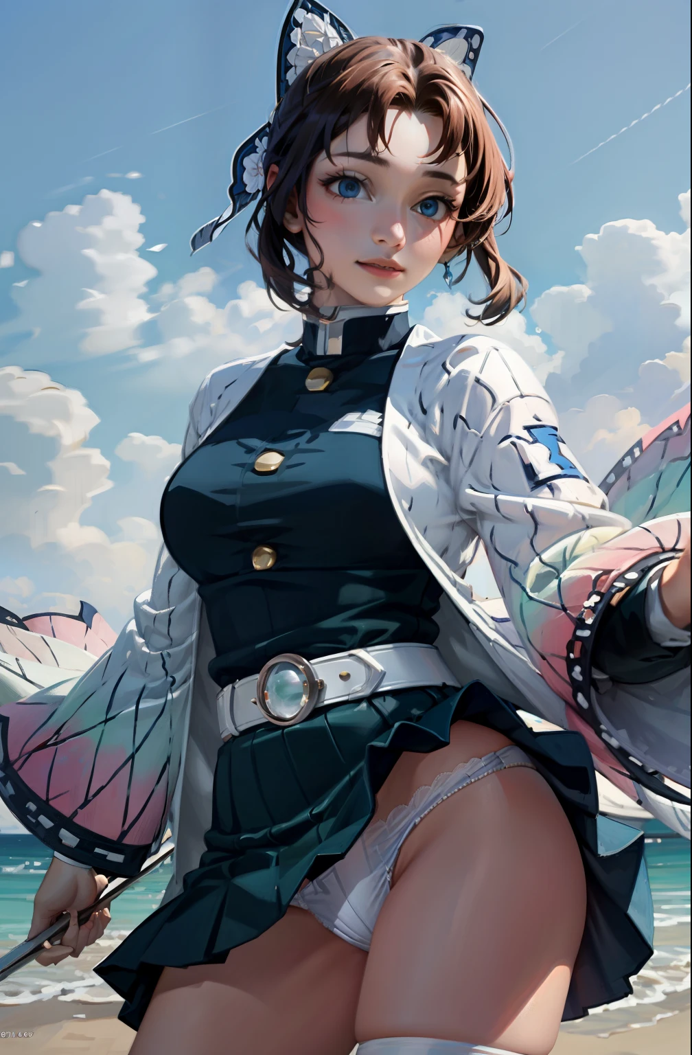 Realistic pictures、18-year-old、The real picture、realization ,Best image quality、1 girl, Sayla Mass, elegant,Spread your legs,White pantiesーを見せる, Tabletop, Complex,超ミニskirt、White panties、 Realistic, highest quality, Absurd, Plenty of facial detail, Perfect Eyes, 18-year-old, Cowboy Shot, , Bright colors, White Uniform, skirt
