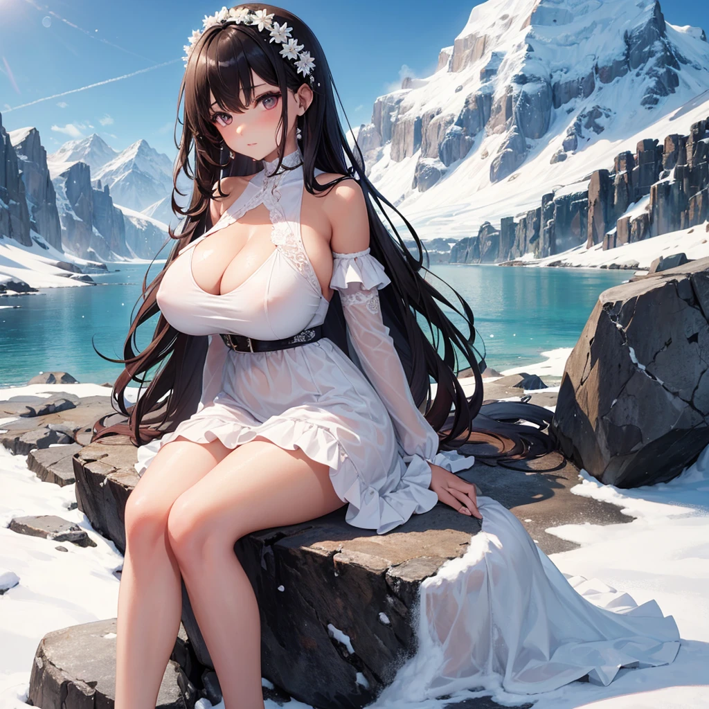 Girl with tan skin with big breast and dark hair thats wavy sitting by a snowy mountain wearing a dress with lace