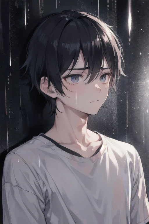 FACE, shirt, 1boy, black hair, night bedroom, rain, nerd, muscle boy, boy, gay boy, fear, hurried, fragile, emotionless, sad boy, sideways, FACE