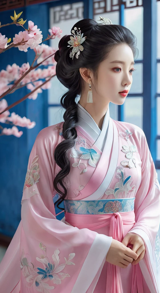 a close up of a woman wearing a pink dress and a tia, white hanfu, chinese style, hanfu, palace ， a girl in hanfu, ethereal beauty, traditional beauty, chinese princess, traditional chinese, a beautiful fantasy empress, Ghost Festival, xianxia fantasy, ((a beautiful fantasy empress)), ancient chinese princess, chinese girl