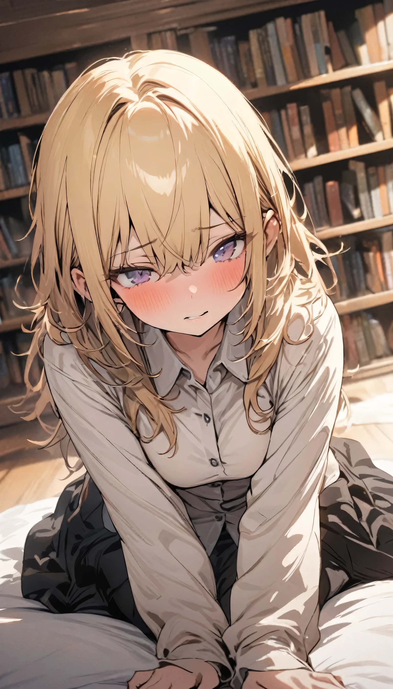 ((masterpiece,best quality)) Shy, Feminine girl, blonde hair, dress shirt with sweater ontop, messy mullet, home library background, straight front center, sit pose