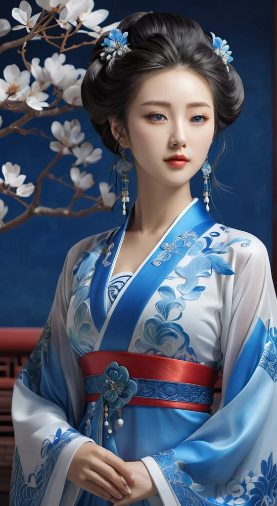 a close up of a woman wearing a blue dress and a red scarf, palace ， a girl in hanfu, chinese style, beautiful digital artwork, chinese girl, beautiful character painting, beautiful render of tang dynasty, a beautiful fantasy empress, 8k high quality detailed art, Ghost Festival, by Li Song, a beautiful artwork illustration