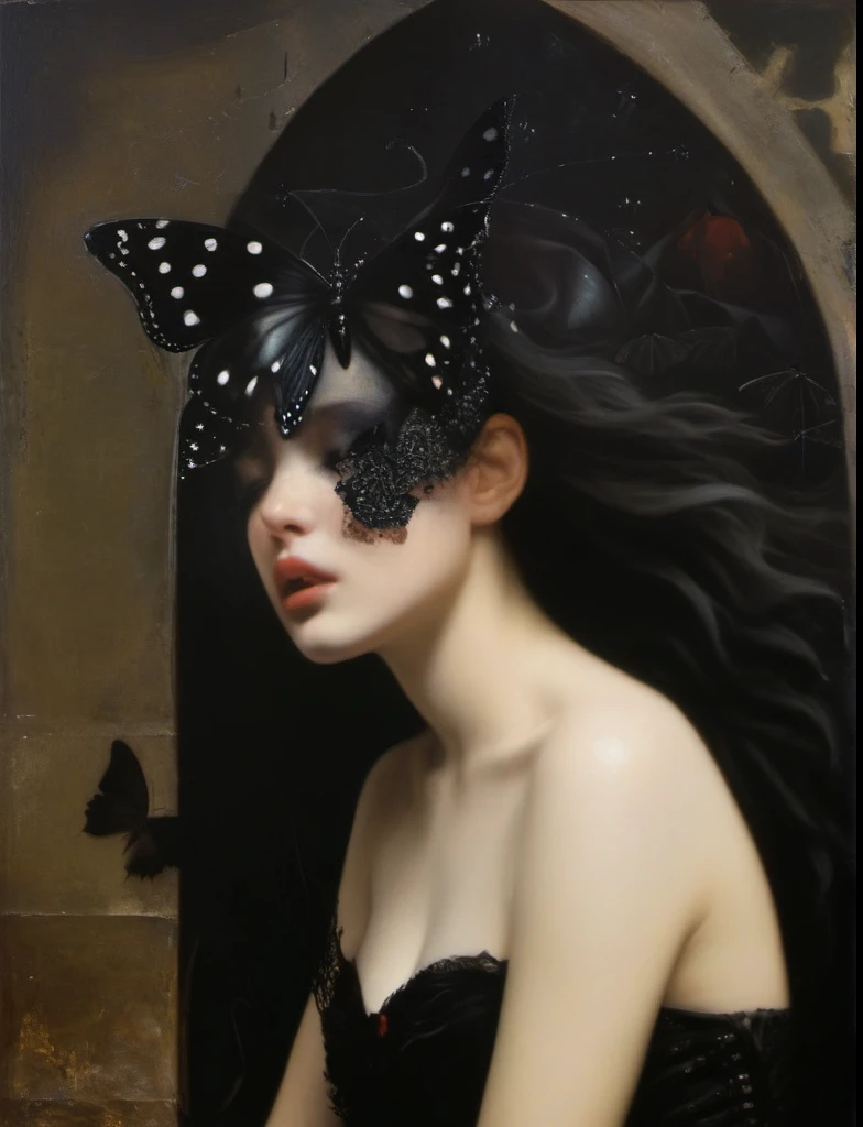 James Gurney, Surrealist art , dream-like, Mysterious, Provocative, symbolic, Complex, detailed,, (Gothic but very beautiful:1.4), (masterpiece, highest quality:1.4) , Nicola Samori Style, Young and beautiful woman、Black little butterfly、black