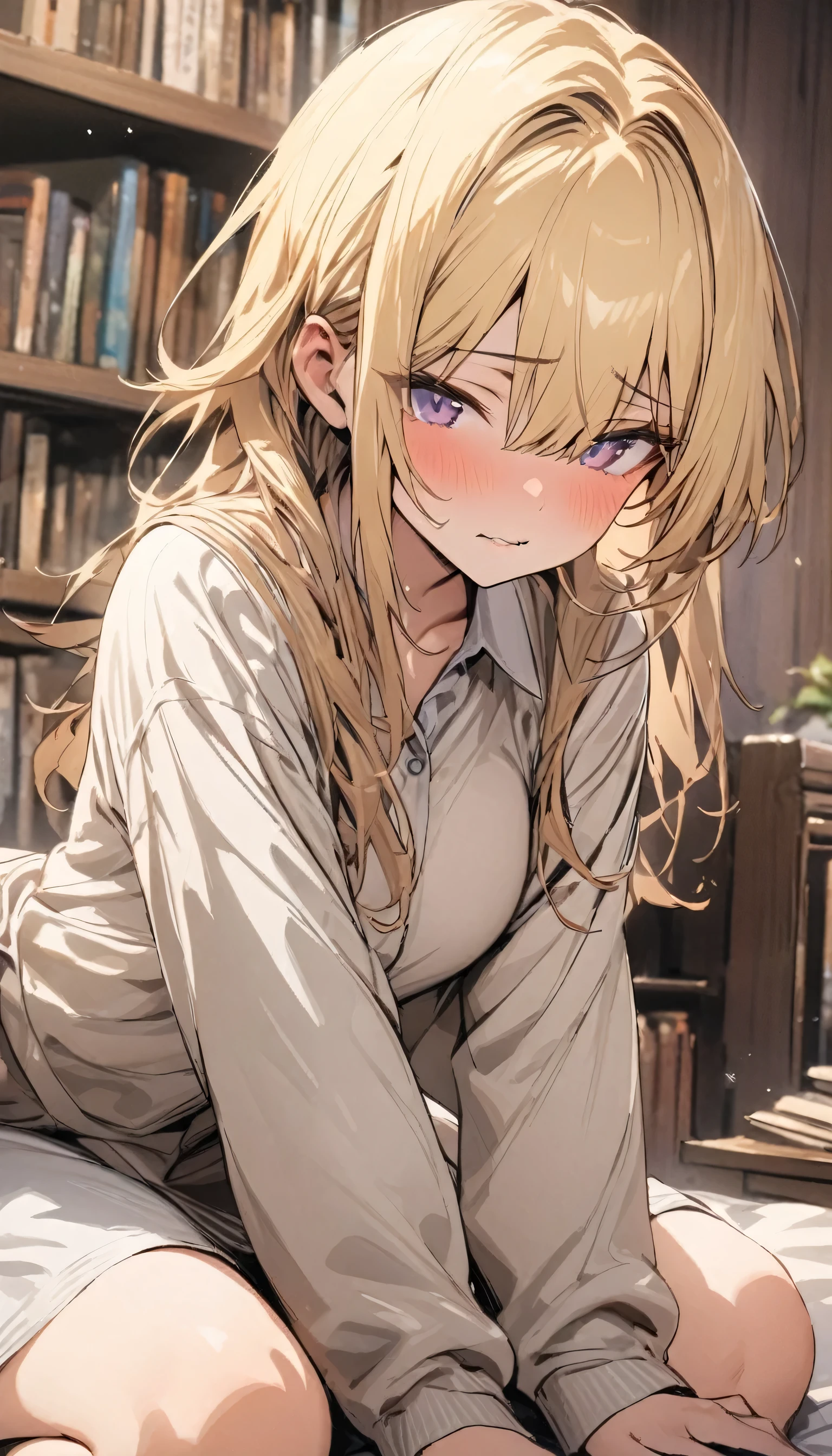 ((masterpiece,best quality)) Shy, Feminine girl, blonde hair, dress shirt with  sweater ontop, messy mullet, home  library background, straight front center, sit pose