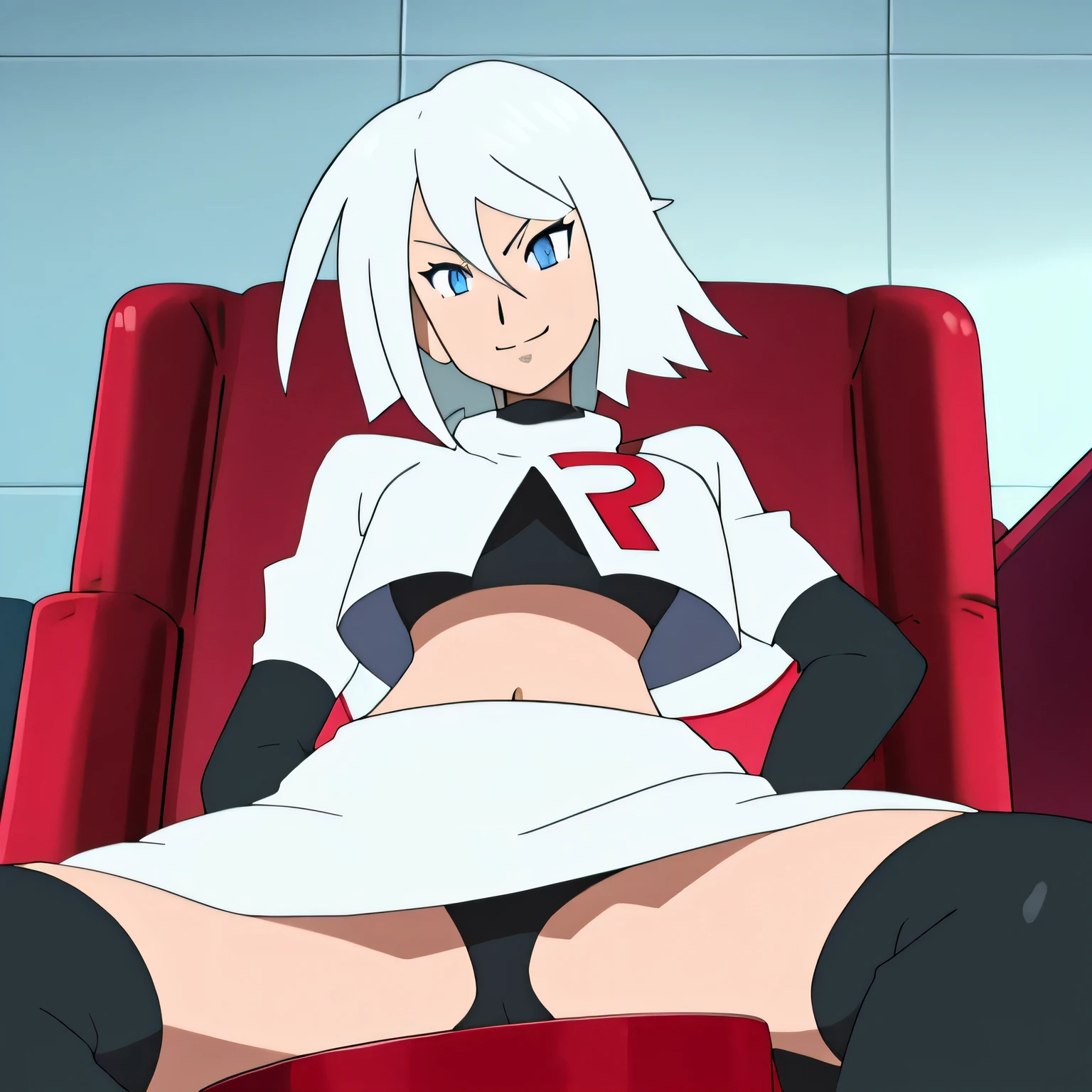 masterpiece,best quality,high res,high quality,8k, masterpiece,highres, team rocket uniform, red letter r, white skirt,white crop top,black thigh-high boots, black elbow gloves,seductive smile, looking down at viewer, hands on hips, cowboy shot, zettai ryouiki,sitting on toilet.spread legs,from below, black panties,detailed facial features, highly detailed, 8k, photorealistic, vibrant colors, dramatic lighting, cinematic composition,raine sage,white hair