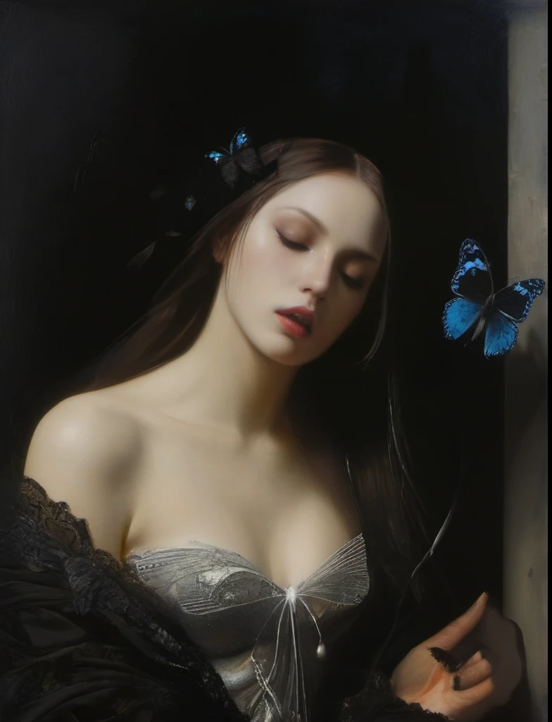 James Gurney, Surrealist art , dream-like, Mysterious, Provocative, symbolic, Complex, detailed,, (Gothic but very beautiful:1.4), (masterpiece, highest quality:1.4) , Nicola Samori Style, Young and beautiful woman、Black little butterfly、black