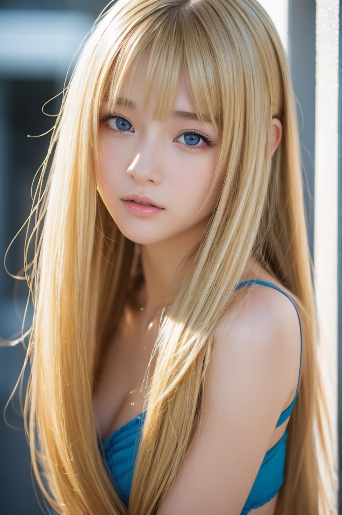 Sexy and beautiful nice cute gorgeous face、Gorgeous blonde super long hair、Beautiful blue eyes that shine、Beautiful long bangs、Sexy 14 year old beautiful girl、bright look,
bikini、whole body