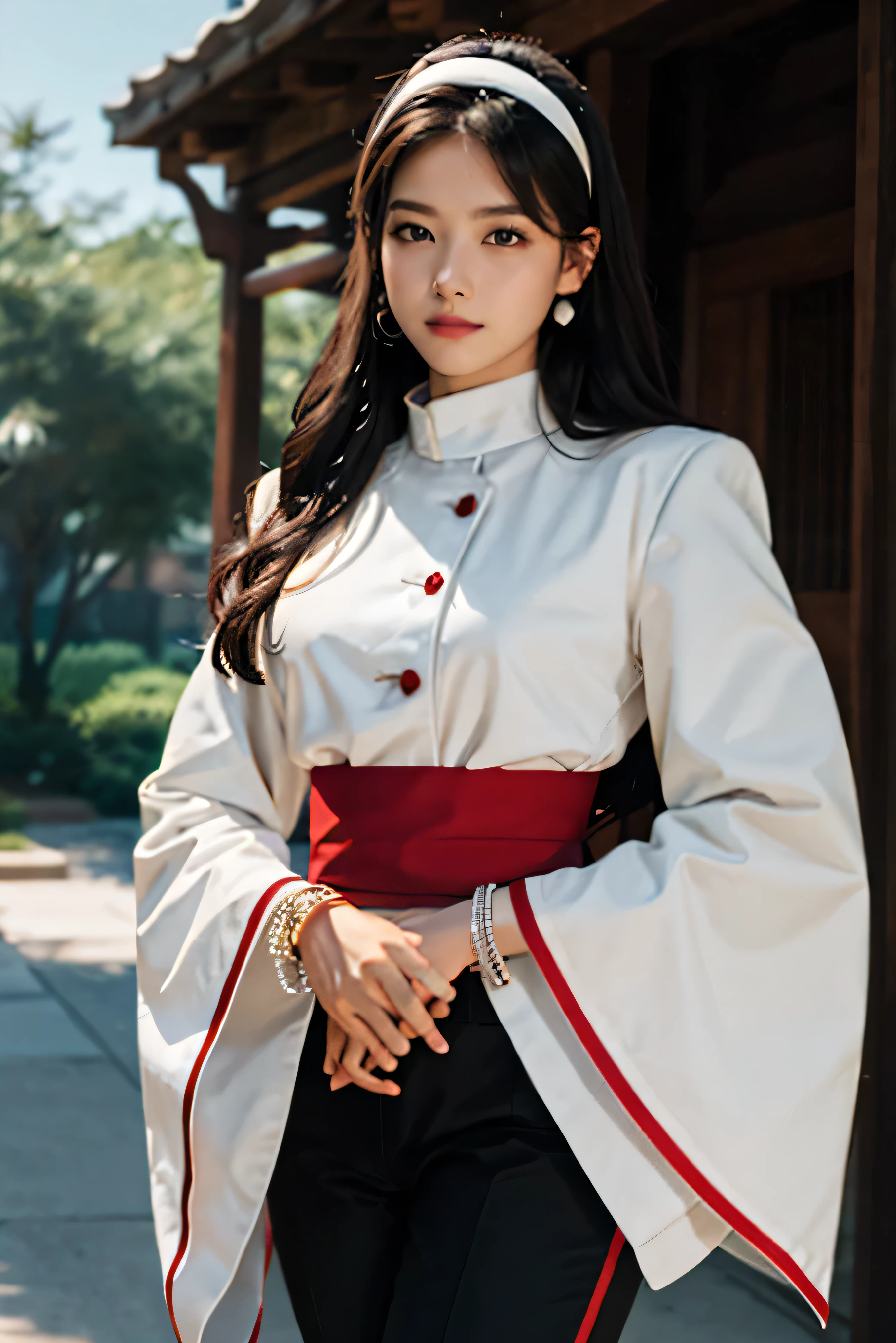 best quality,masterpiece,highres,original,extremely detailed wallpaper,perfect lighting,extremely detailed CG,perfect_photography.txt,
chizurums,hairband,jewelry,earrings,wide sleeves,long sleeves,buttons,high heels,sash,bracelet,black pants,