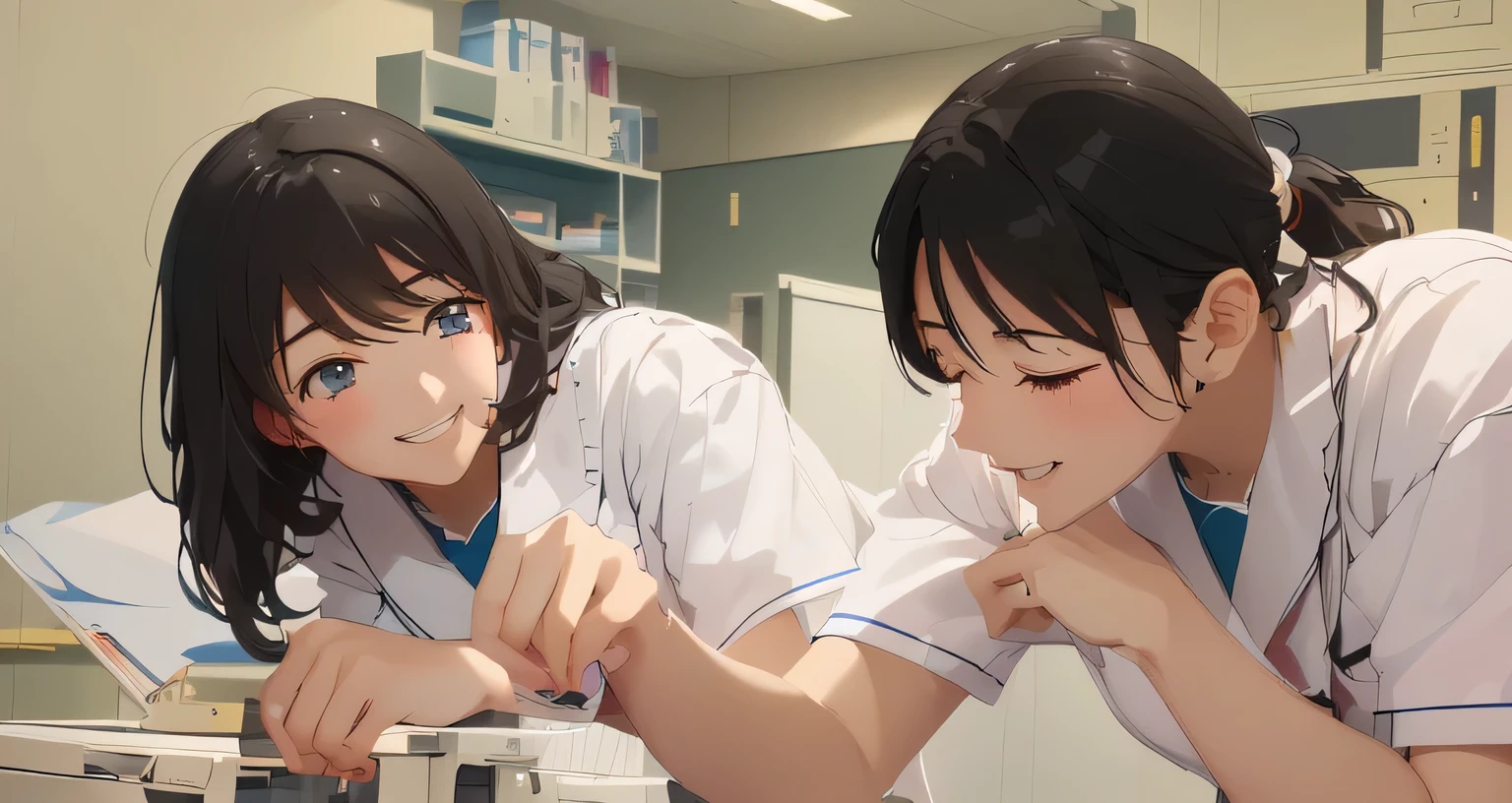 High school girl anime character in high school laboratory, Smooth anime CG art, Kyoto Animation stills, ２People are smiling and laughing, guweiz and makoto shinkai, Sakimichan and Makoto Shinkai, Realistic Anime 3D Style, Photorealistic Animation, From the TV anime, Anime movie screenshots