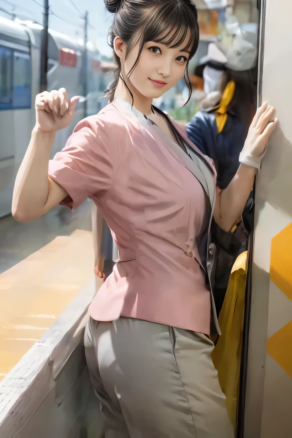 (masterpiece:1.2, highest quality:1.2), 32K HDR, High resolution, (alone、1 girl)、(On the rooftop of a building in the daytime、Professional Lighting)、Building rooftop background、(Nankai train crew uniform pinkを着たリアルスタイル)、(Nankai train crew uniform pink short sleeve pink jacket、Nankai Train Crew Uniform Pink Collarless Short Sleeve Blouse、Nankai Train crew uniform pinkのグレー色のキュロットスカート)、Dark brown hair、(Hair tied up、Hair Bun、Hair Bun)、Dark brown hair、Long Shot、Big Breasts、Thin legs、((Great hands:2.0)),((Harmonious body proportions:1.5)),((Normal limbs:2.0)),((Normal finger:2.0)),((Delicate eyes:2.0)),((Normal eyes:2.0)))、smile、(Nankai Train crew uniform pinkのグレー色のキュロットスカートを見せた美しい歩く姿)、Keep your hands natural