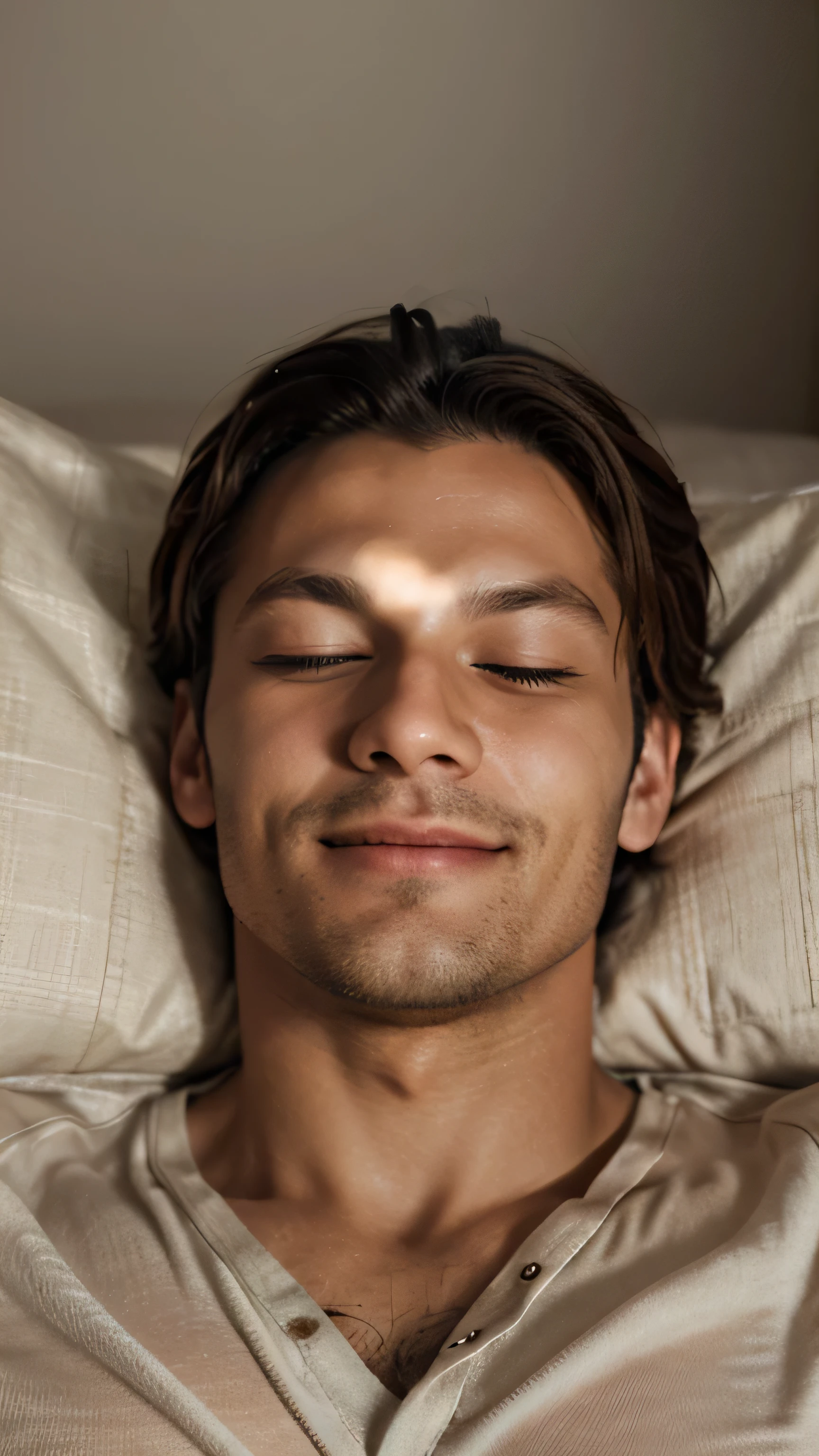 realistic image rich in detail of a man, dressed in night clothes, with his eyes closed, with an expression of happiness lying in bed
