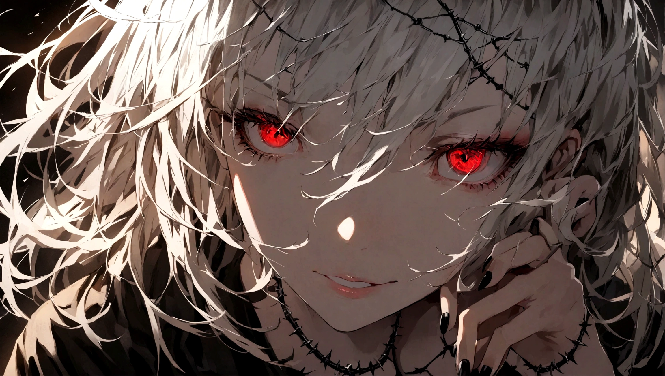 Beautiful young white-haired girl with piercing red eyes, half smile with full lips, black nails, barbed wires everywhere(coiled black barbed wires)