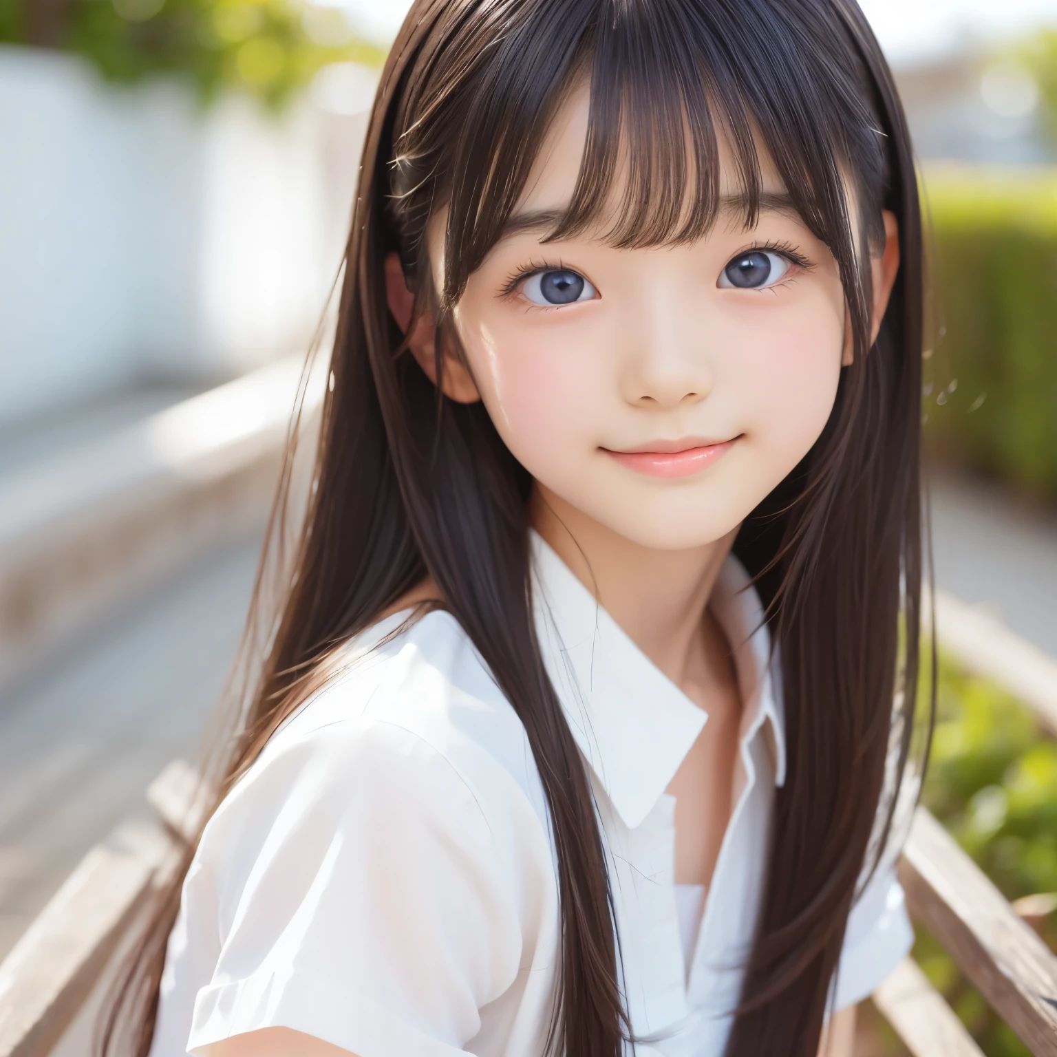 detailed face, cute face, Unparalleled beauty, Shiny、Tightened、Glowing Skin, Bangs between the eyes, Shiny真っ直ぐな美しい金髪, Super long straight silky hair, eyeliner, Sexy, beautiful and pure 14 year old, High resolution big beautiful bright blue eyes, beautiful and adorable girl, Baby Face, Short sleeve shirt, smile