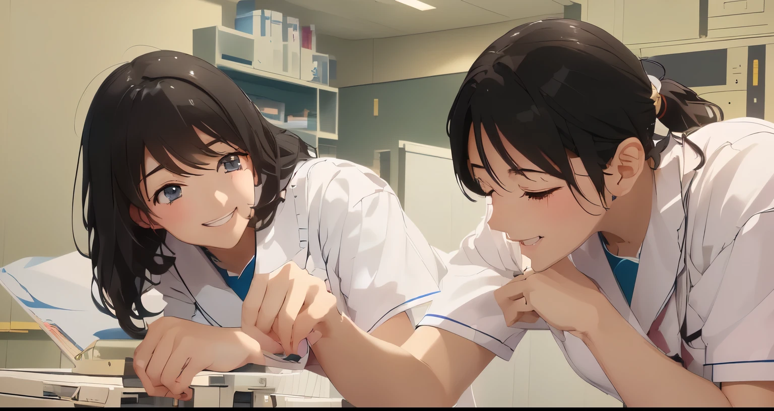 High  girl anime character in high school laboratory, Smooth anime CG art, Kyoto Animation stills, ２People are smiling and laughing, guweiz and makoto shinkai, Sakimichan and Makoto Shinkai, Realistic Anime 3D Style, Photorealistic Animation, From the TV anime, Anime movie screenshots