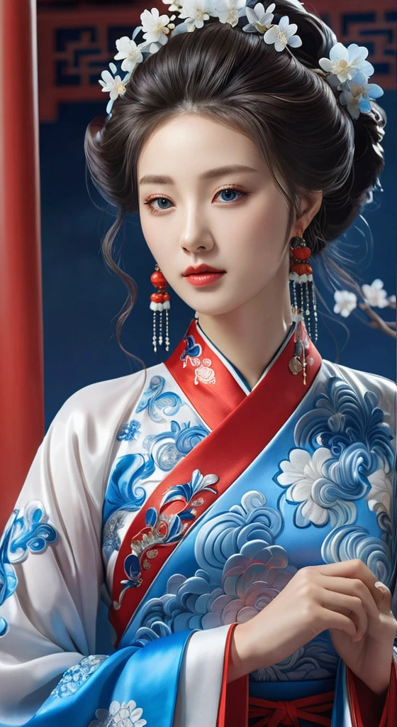 a close up of a woman wearing a blue dress and a red scarf, palace , a girl in hanfu, chinese style, beautiful digital artwork, chinese girl, beautiful character painting, beautiful render of tang dynasty, a beautiful fantasy empress, 8k high quality detailed art, Ghost Festival, by Li Song, a beautiful artwork illustration