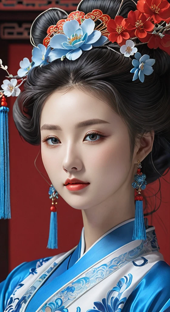a close up of a woman wearing a blue dress and a red scarf, palace ， a girl in hanfu, chinese style, beautiful digital artwork, chinese girl, beautiful character painting, beautiful render of tang dynasty, a beautiful fantasy empress, 8k high quality detailed art, Ghost Festival, by Li Song, a beautiful artwork illustration