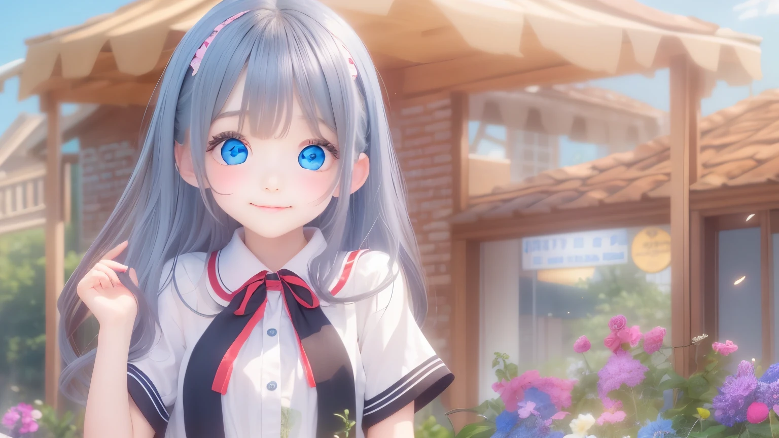 detailed face, cute face, Unparalleled beauty, Shiny、Tightened、Glowing Skin, Bangs between the eyes, Shiny真っ直ぐな美しいプラチナブロンド, Super long straight silky hair, eyeliner, Sexy, beautiful and pure 14 year old, High resolution big beautiful bright blue eyes, beautiful and adorable girl, Baby Face, Short sleeve shirt, smile
