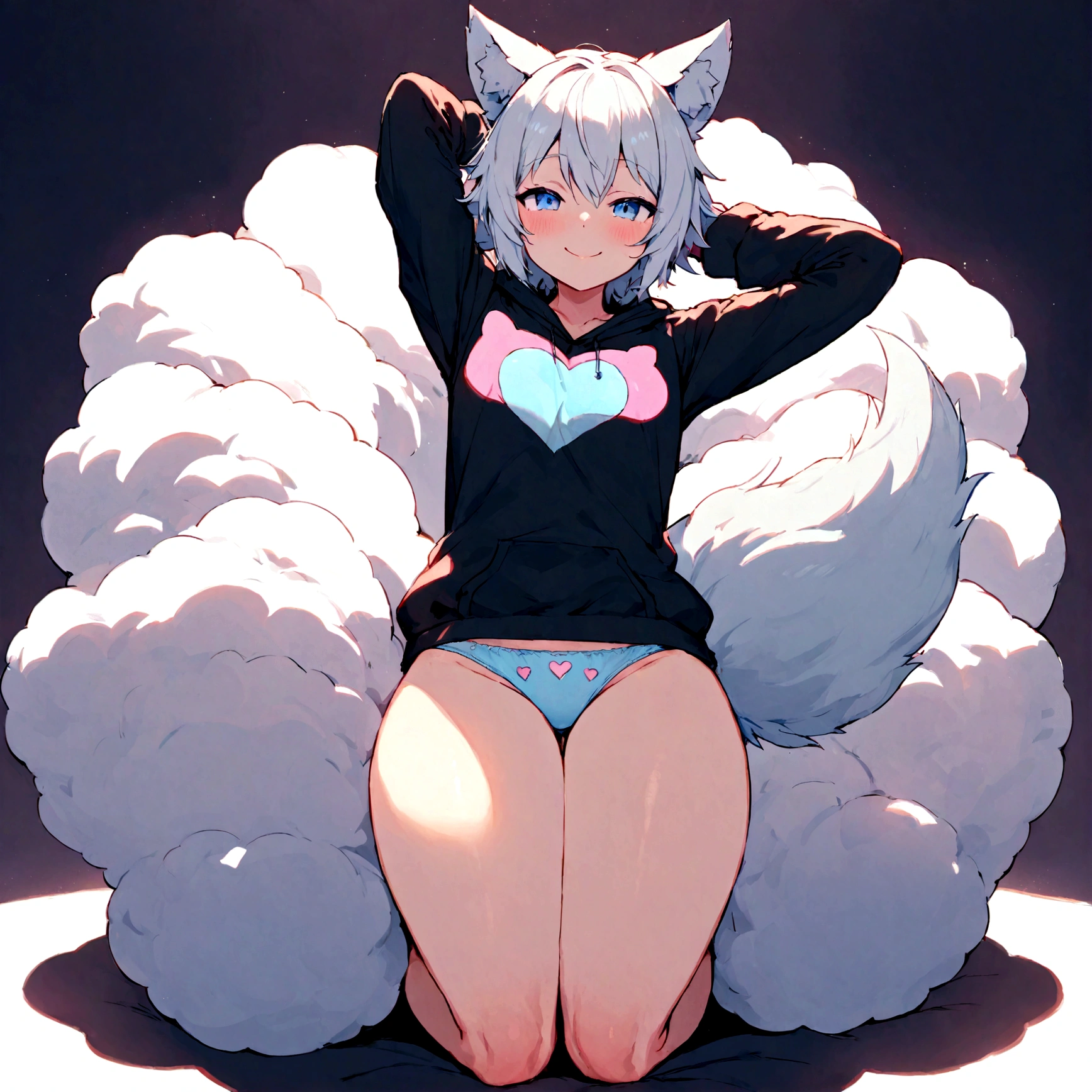 a cute adult male with wolf ears, white hair, has a wolf tail, wearing a loose cropped oversized black hoodie, wearing a cute pair of carebear panties, thick thighs, wide hips, relaxing on mound of fluffy multi colored kawaii plushies, short, very slim, showing slender tummy, stretching out, heart on hoodie, squishy thighs, has glowing blue eyes. alone, solo (ALONE)(SOLO) happy, smiling, sexually suggestive pose
