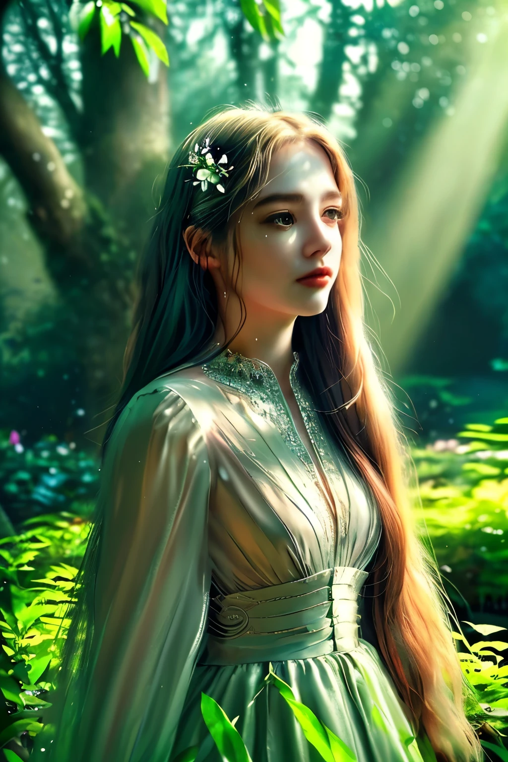 A beautiful young woman, detailed facial features, long flowing hair, elegant dress, serene expression, in a lush garden landscape, sunlight filtering through trees, vibrant colors, photorealistic, 8k, high quality, intricate details, cinematic lighting, ethereal atmosphere