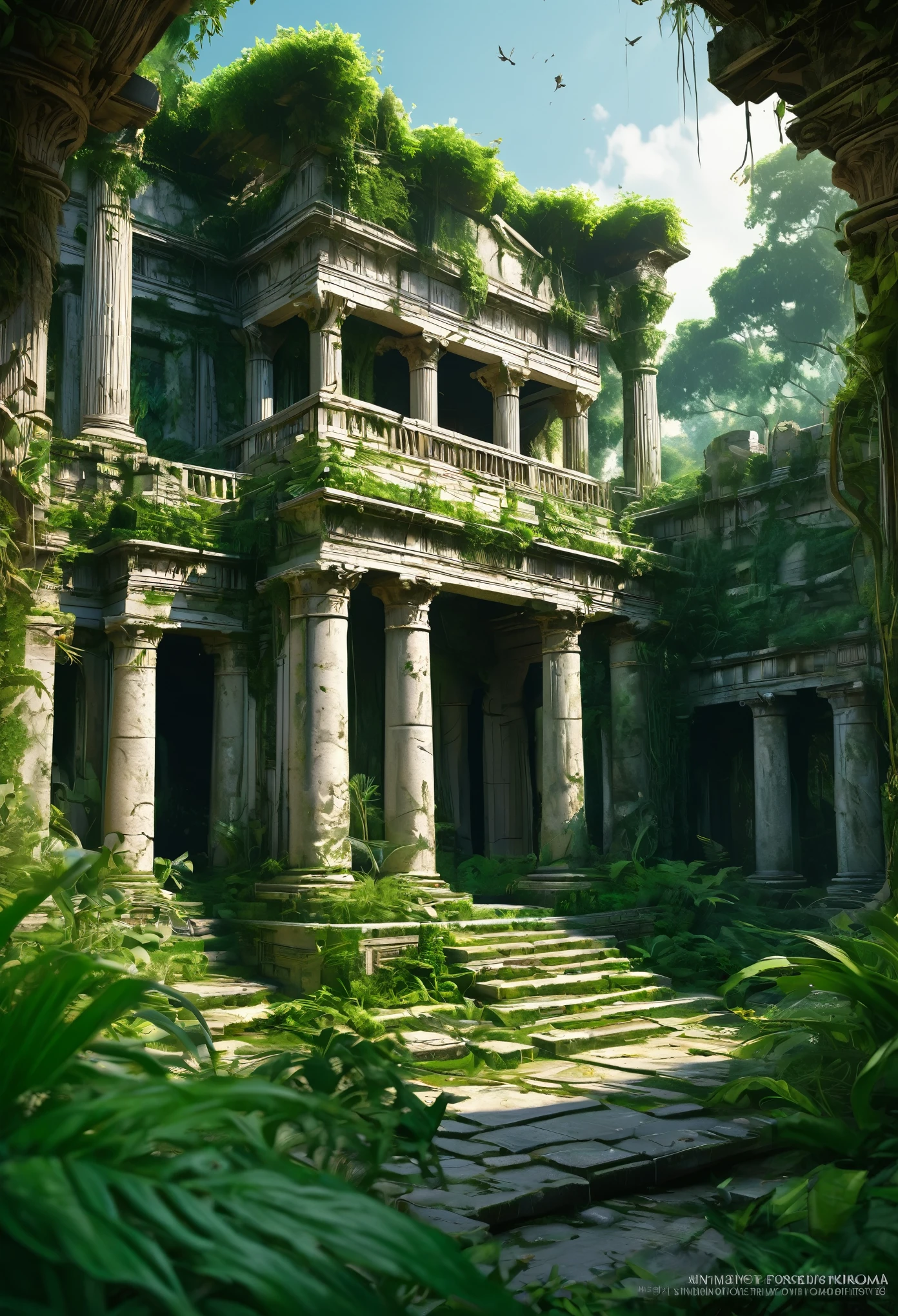 transform to extreme overgrown jungle ruins style art, ultra detailed masterpiece, character in realistic digital painting, meticulously hand-drawn with precision and care, centered, perfect composition, landscape, ancient Roman temple setting, crumbling ruins covered in lush vegetation, a majestic perched atop a Roman sculpture, depth of field creating a sense of distance and decay, intricate details in the overgrown foliage and weathered stone, creating a hauntingly beautiful scene of nature reclaiming ancient history, the artwork evokes a sense of mystery, nostalgia, and the passage of time, blending the serene beauty of nature with the grandeur of ancient architecture in a captivating and immersive way.
