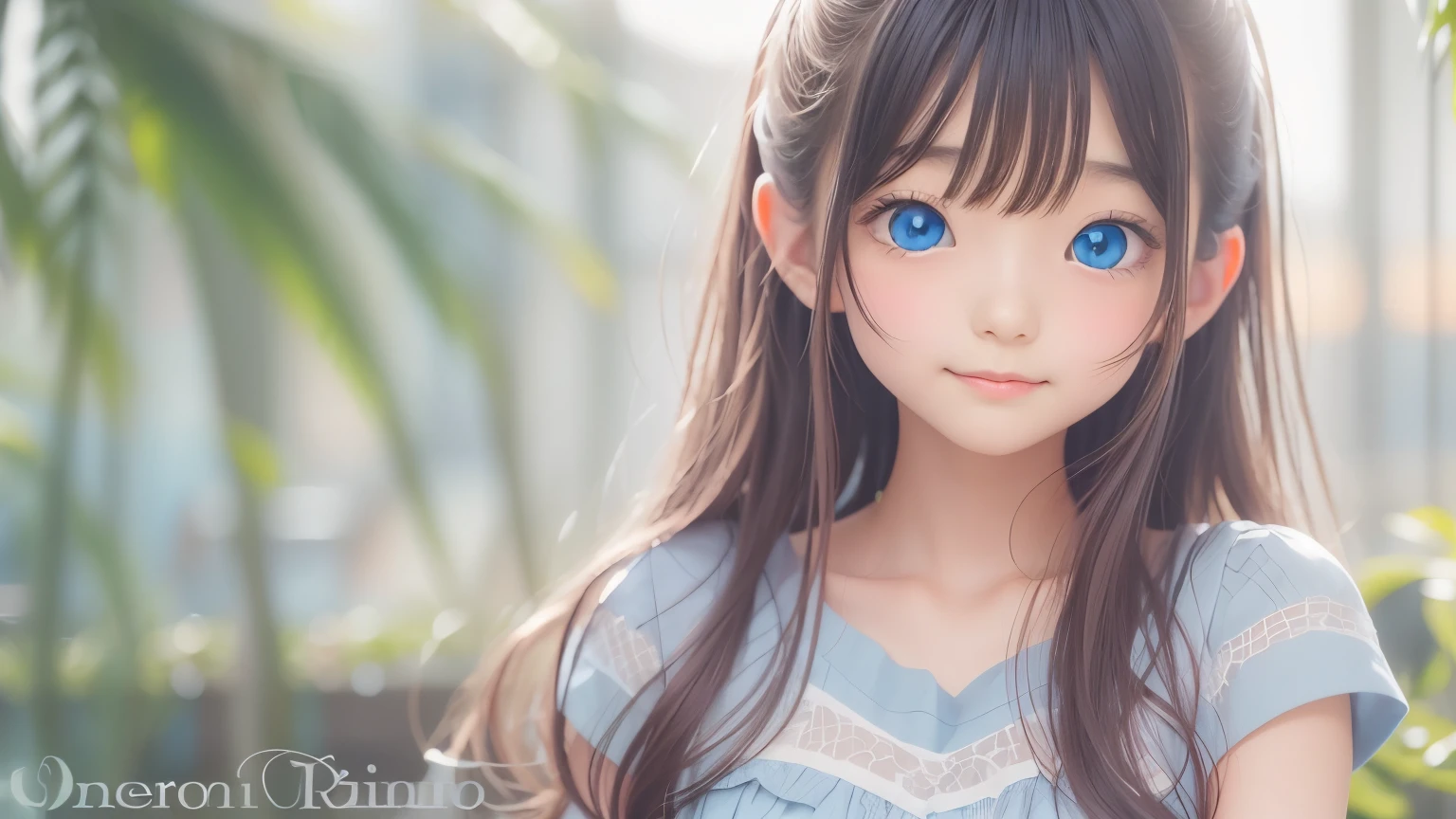 detailed face, cute face, Unparalleled beauty, Shiny、Tightened、Glowing Skin, Bangs between the eyes, Shiny真っ直ぐな美しいプラチナブロンド, Super long straight silky hair, eyeliner, Sexy, beautiful and pure 14 year old, High resolution big beautiful bright blue eyes, beautiful and adorable girl, Baby Face, Short sleeve shirt, smile
