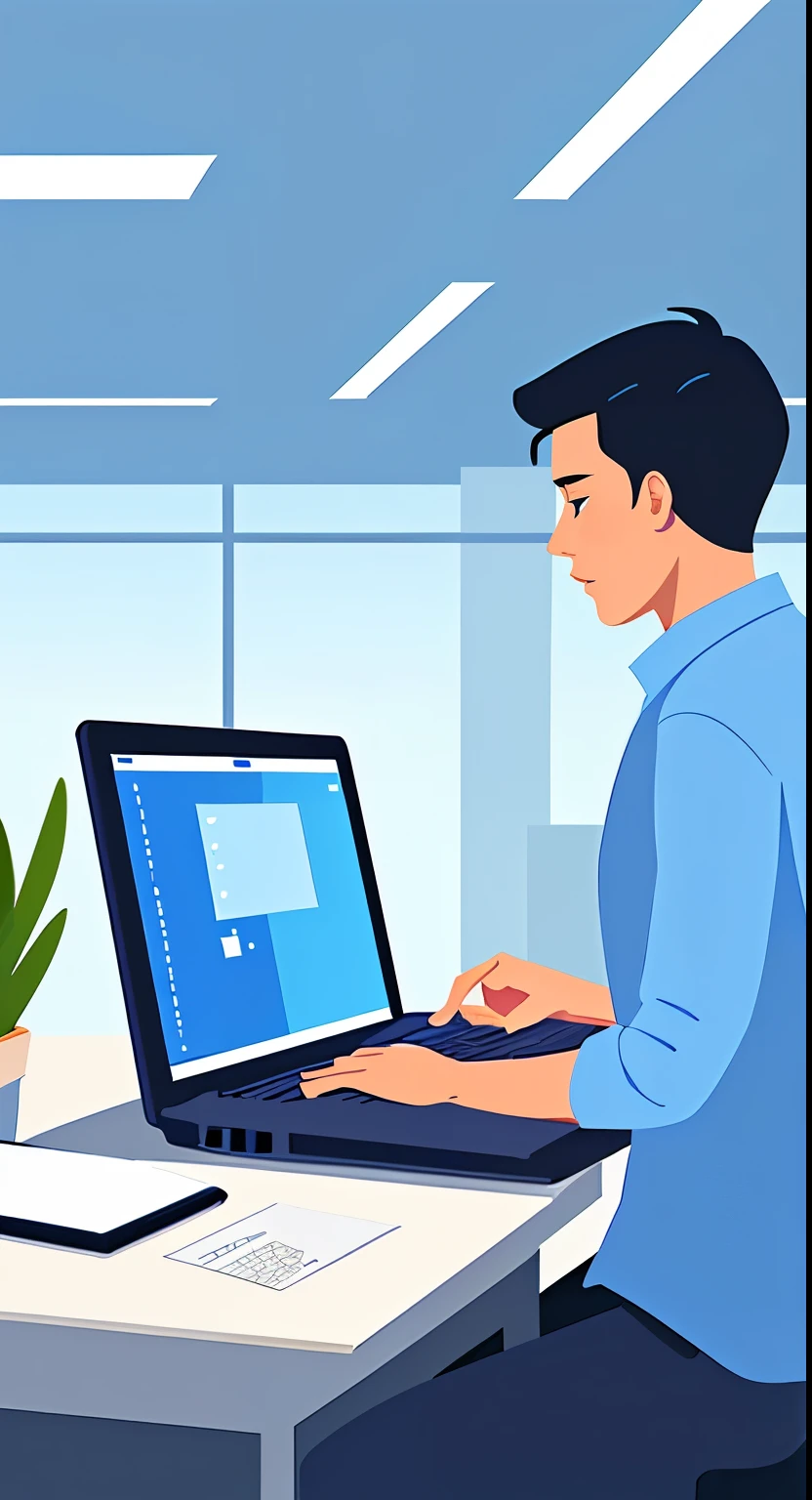 masterpiece, e-book cover, a man working on a laptop in a fancy office
