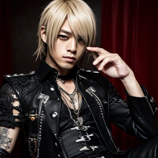1 japanese male rocker, asien eyes, Visual Kai hairstyle, ultra detailed face and body, hyperrealistic, realistic representation, muscular, broad shoulders, tattoos gothic style, Visual Kei style, 30 years old, age 30, outfit gothic streampunk, men's shirt and black pants, rocker outfit, black and blond hair