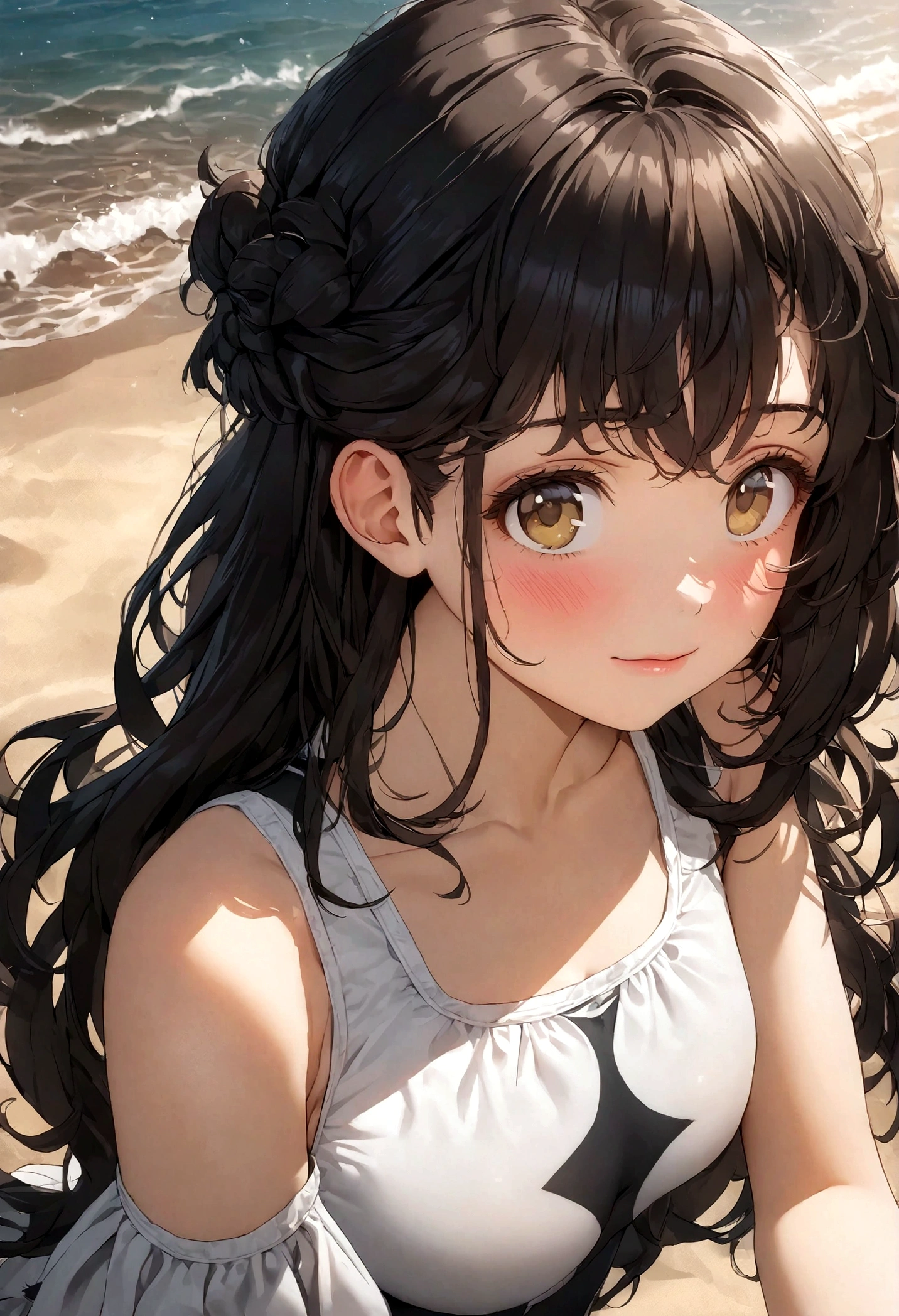 (Calidad maestra)(estilo animado)(Fotos CRUDAS)alto detalle, Super detailed, Ultra HD Beautiful girl with short black hair having fun on an open beach, rodeado de belleza natural, The warm sun shining on her, mecerse suavemente con la brisa, Create a playful atmosphere.(huecograbado oficial)(tiro cercano1.5)School swimsuit