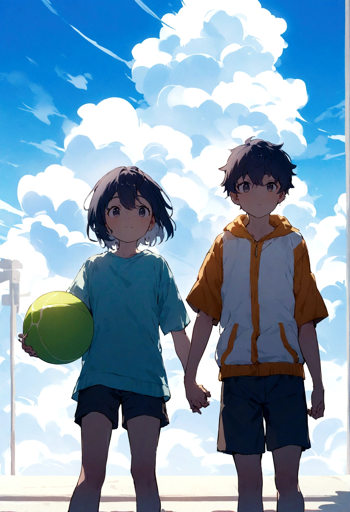 A man wearing shorts with his , With cloud, With blue sky, With a beautiful sky、Primary school students、Primary school students男子、Holding the ball、beautiful、cute、high resolution、Sports、Front facing、Two people stand side by side