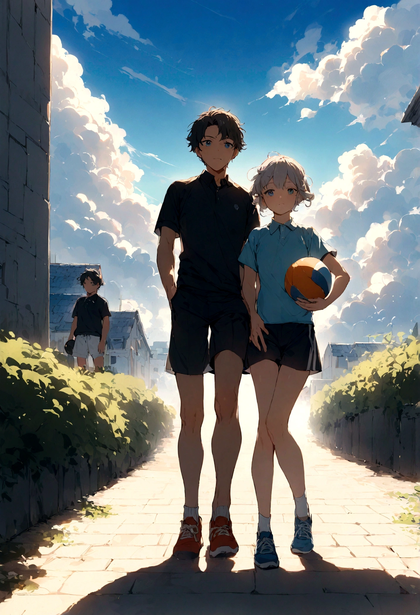 A man wearing shorts with his , With cloud, With blue sky, With a beautiful sky、、Primary school studentsutiful、cute、high resolution、Sports、Front facing、Two people stand side by side