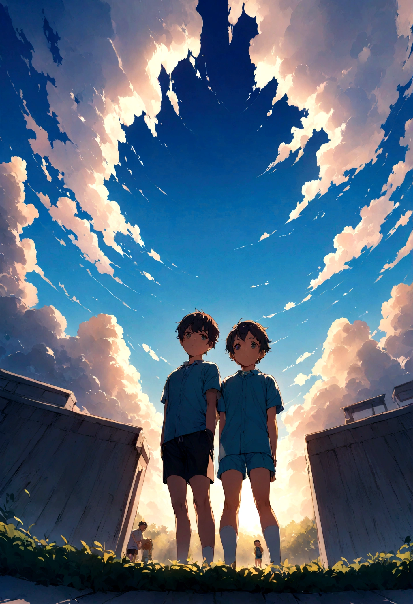 A man wearing shorts with his , With cloud, With blue sky, With a beautiful sky、Primary school students、Primary school students男子、Holding the ball、beautiful、cute、high resolution、Sports、Front facing、Two people stand side by side