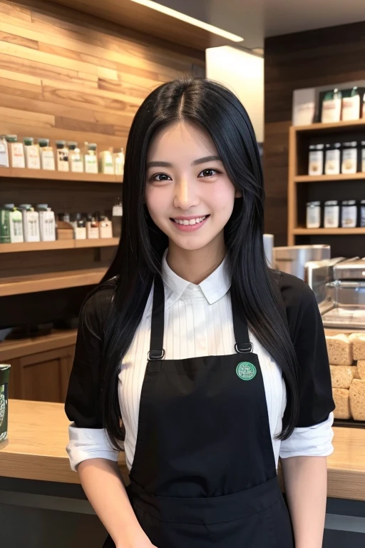 Black Hair　sleek long hair　22 years old　double　double teeth　smile　refreshing　Natural Makeup　Ultra-realistic　Starbucks ribbed knit and apron　skinny pants　Mole　Starbucks Employee　　she&#39;Brewing coffee　stylish　Height 160cm Measurement: 82.57.79