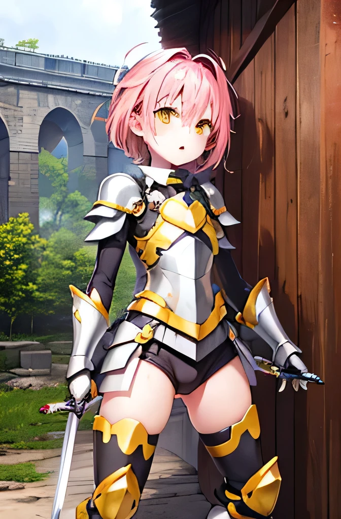 shota,light pink hair,short hair,Yellow Eyes,Iron Armor,sword,1 person