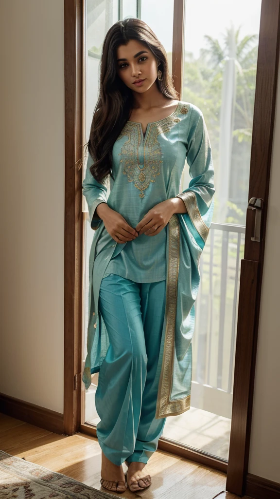Imagine a serene, sunlit room with soft, neutral tones. A 20-year-old Indian girl stands near a window, which lets in a gentle stream of natural light, illuminating her and casting a warm glow around her. She is wearing a beautifully embroidered kurta in a rich, vibrant color—perhaps a deep teal with intricate gold patterns. The kurta is paired with matching churidar pants and a light, flowing dupatta draped gracefully over her shoulder.
She stands in a relaxed yet poised manner, one hand resting lightly on the window sill, and the other holding the edge of her dupatta. Her head is turned slightly to the side, and she gazes out of the window with a serene expression, her long, dark hair cascading over her shoulders. Her posture is elegant and composed, reflecting a quiet confidence and grace.
**Explanation of her dress:**
- **Kurta:** The kurta is adorned with delicate embroidery, reflecting traditional Indian craftsmanship. The rich, vibrant color adds a sense of festivity and elegance to her appearance.
- **Churidar Pants:** The churidar pants are fitted and complement the kurta, enhancing the traditional look while allowing for ease of movement.
- **Dupatta:** The light, flowing dupatta draped over her shoulder adds a touch of sophistication and completes the ensemble. It softly frames her figure and adds a layer of elegance to her overall look.