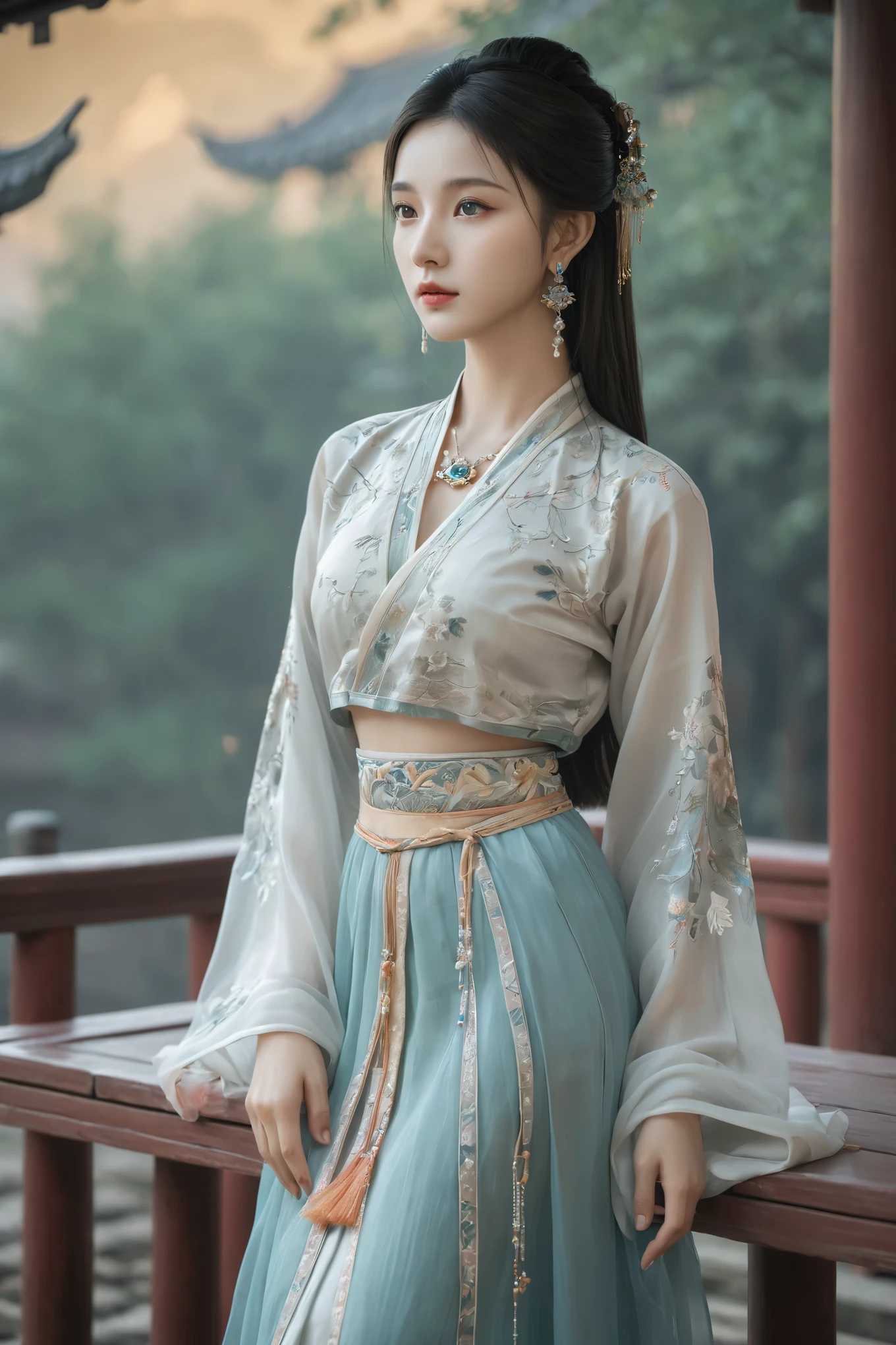 (photorealistic, best quality, ultra high res, extremely detailed eyes and face:1.3),(1girl, solo:1.3),skirt,jewelry,long_hair,necklace,earrings,perfect body,standing,large breasts,looking at viewer,chinese clothes,china dress,hanfu,