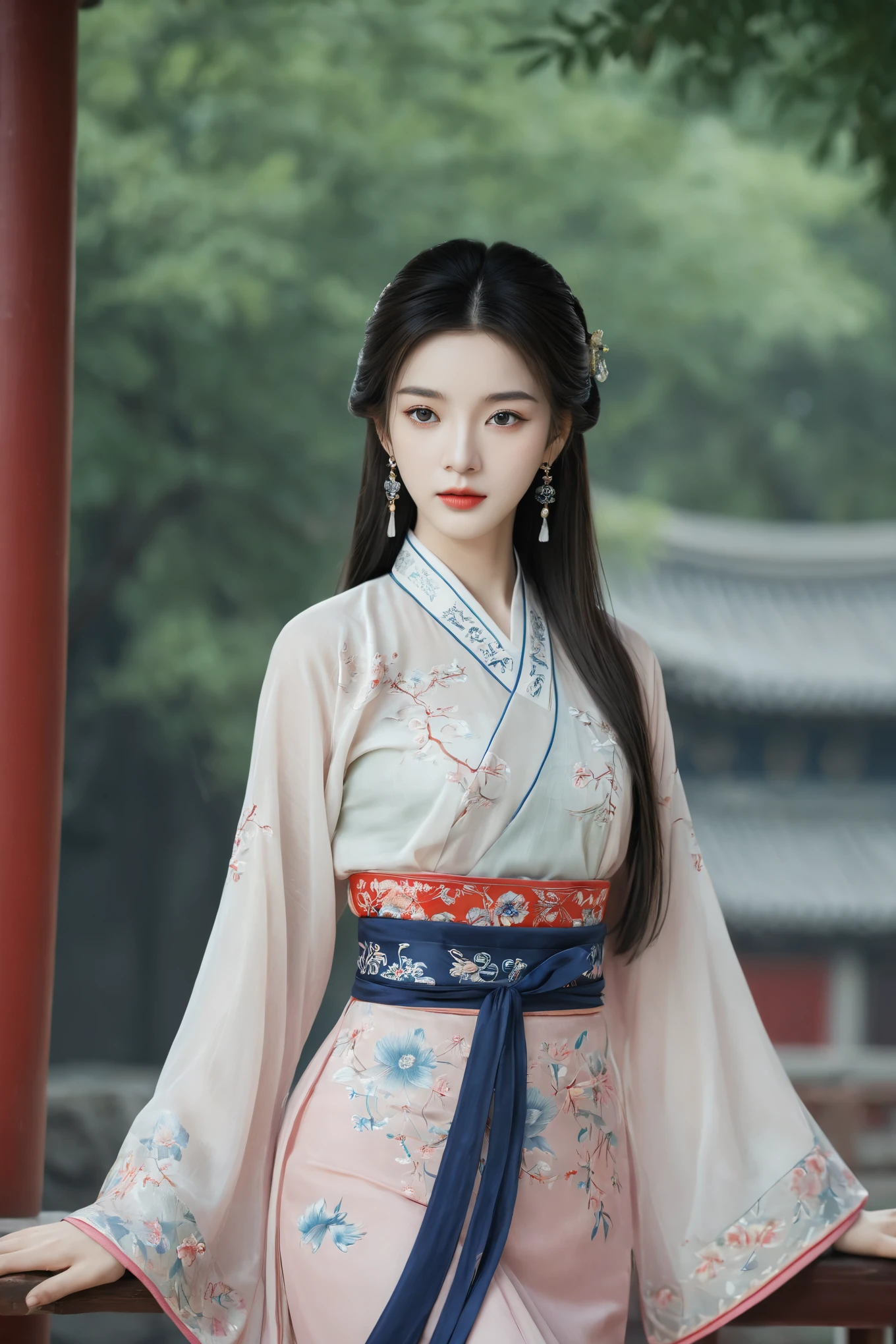 (photorealistic, best quality, ultra high res, extremely detailed eyes and face:1.3),(1girl, solo:1.3),skirt,jewelry,long_hair,necklace,earrings,perfect body,standing,large breasts,looking at viewer,chinese clothes,china dress,hanfu,