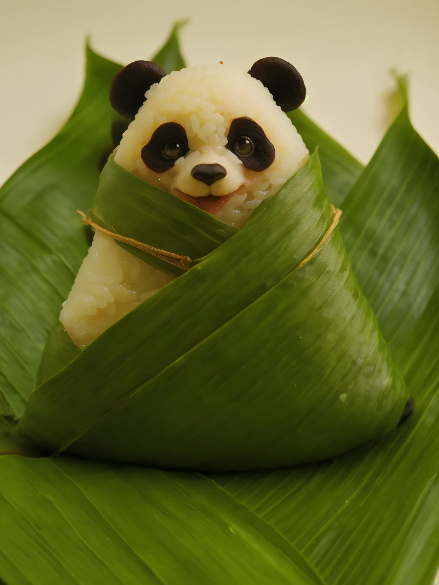 A panda-shaped zongzi, made of glutinous rice, has a cute expression, the lower half of the body is wrapped in tapered leaves, the head sticking out of the leaves, equidistant, cartoon-style, Macro Lens, studio light, nature, soft lighting, film grain, cowboy shot, epiCPhoto