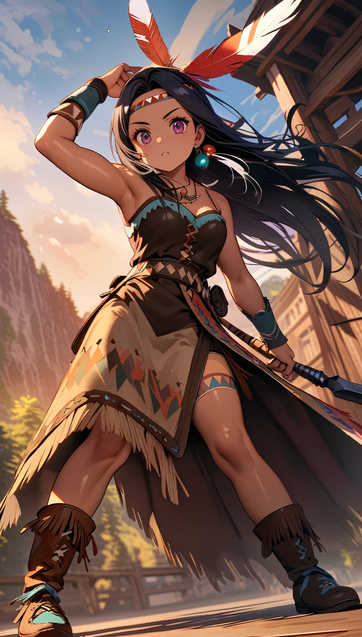 Native American female warrior\(cute,beautiful,age of 18,(muscular),holding heavy 1tomahawk,dark skin,dark floating hair,dark shiny eyes,big eyes,face with strong will,leather dress\(fringe, glass beads\),indian cape\(fringe, glass beads\), war bonnets\(Native American feather crown\),shiny dark fresh skin,breast,necklace\(lots of fangs),indian moccasins,glass bead earrings,1eagle on shoulder,full body), BREAK ,background(outside,American wilderness,western era),Dynamic action poses, dynamic angles, BREAK ,quality\(8k,wallpaper of extremely detailed CG unit, ​masterpiece,hight resolution,top-quality,top-quality real texture skin,hyper realisitic,increase the resolution,RAW photos,best qualtiy,highly detailed,the wallpaper,cinematic lighting,ray trace,golden ratio\)[nsfw:2.0],looking at viewer,close up of tomahawk,