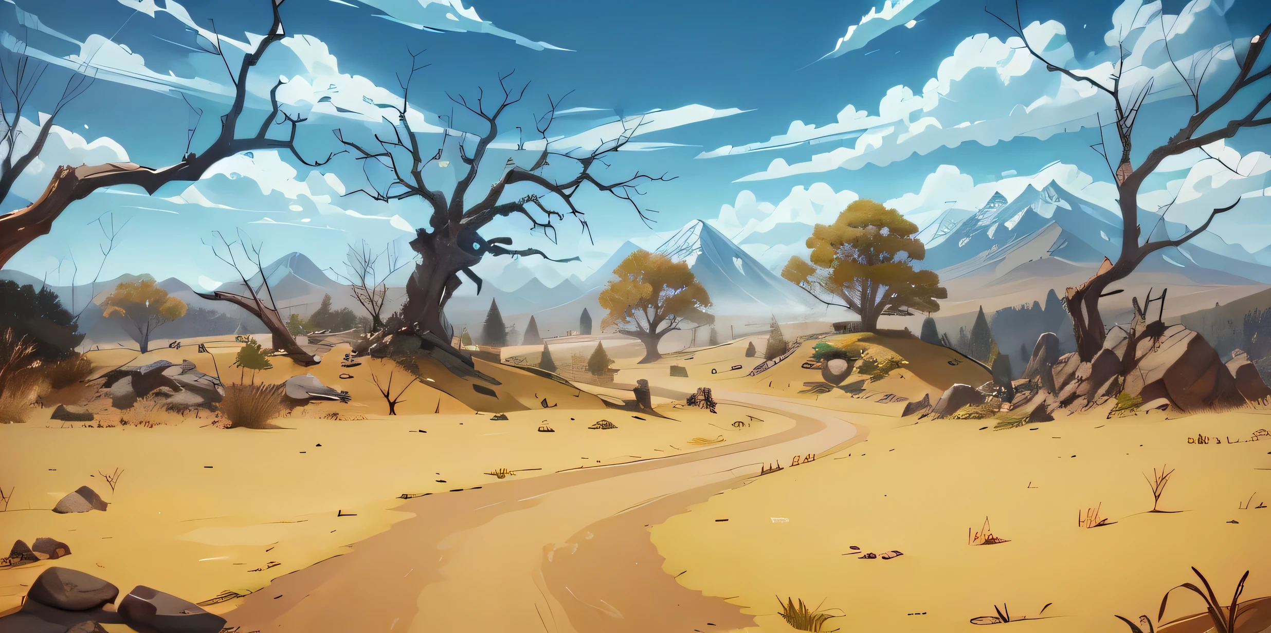 The overall picture is pure,Mountains of different sizes,No buildings,Pure natural environment,Clean picture,Deserted mountain road,Barren mountain road,Vertical Image,Cartoon,Isometric 2D Game Art, masterpiece, Super detailed good quality
