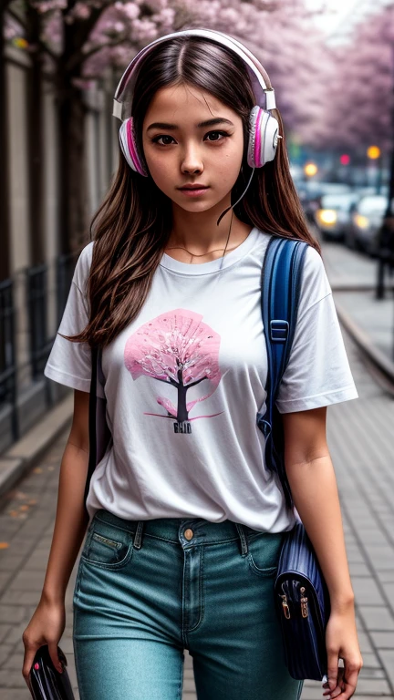 1girl wearing a glowing white headphones, calming chill mood, wearing T shirt and pants, wearing bagpack, detailed eyes, street photography, cherry blossom with street photography, moody settings, 24K resolution, best quality