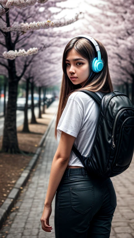 1girl wearing a glowing white headphones, calming chill mood, wearing T shirt and pants, wearing bagpack, detailed eyes, street photography, cherry blossom with street photography, moody settings, 24K resolution, best quality