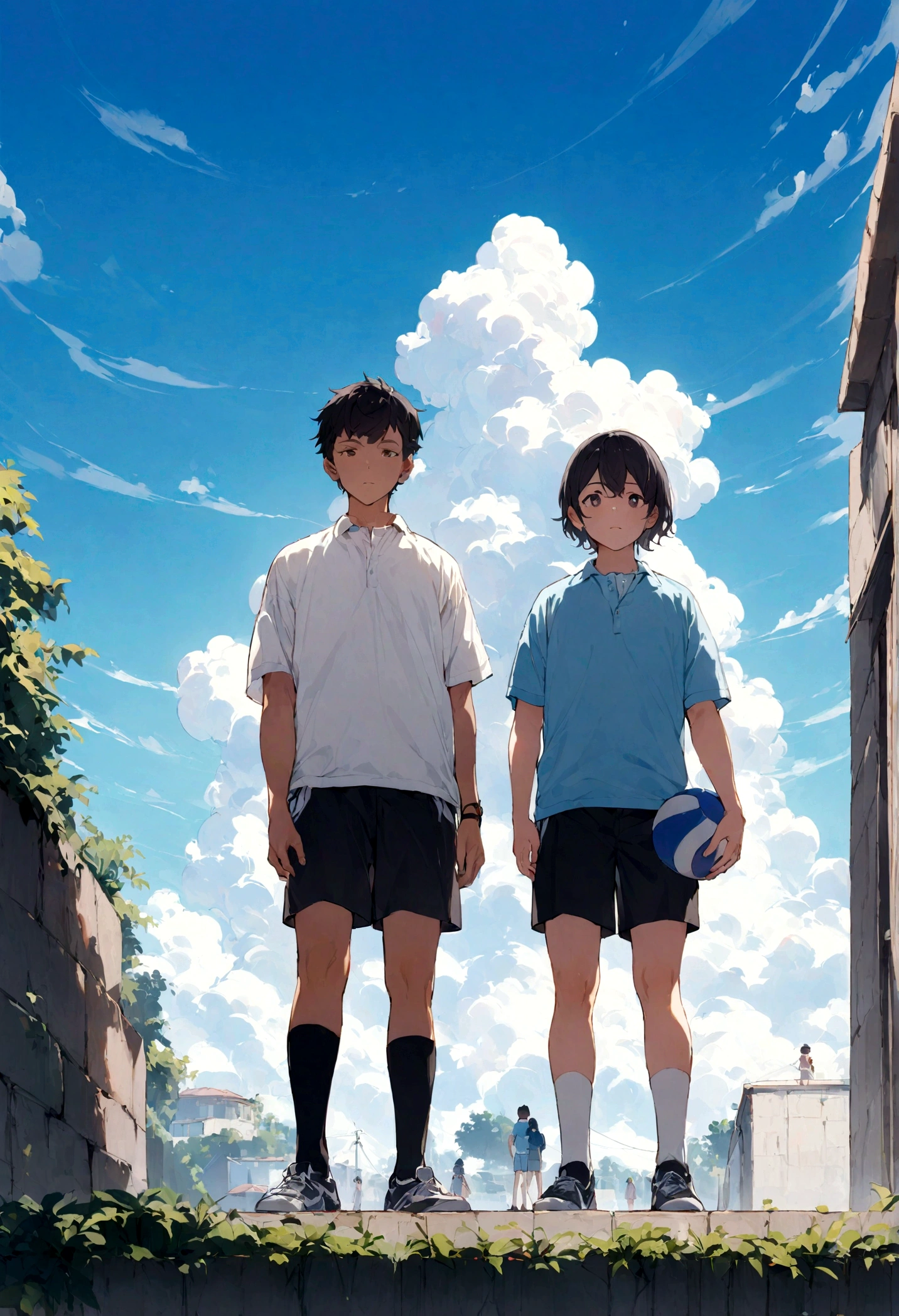 A man wearing shorts with his , With cloud, With blue sky, With a beautiful sky、Primary school students、Primary school students男子、Holding the ball、beautiful、cute、high resolution、Sports、Front facing、Two people stand side by side、The whole body is shown