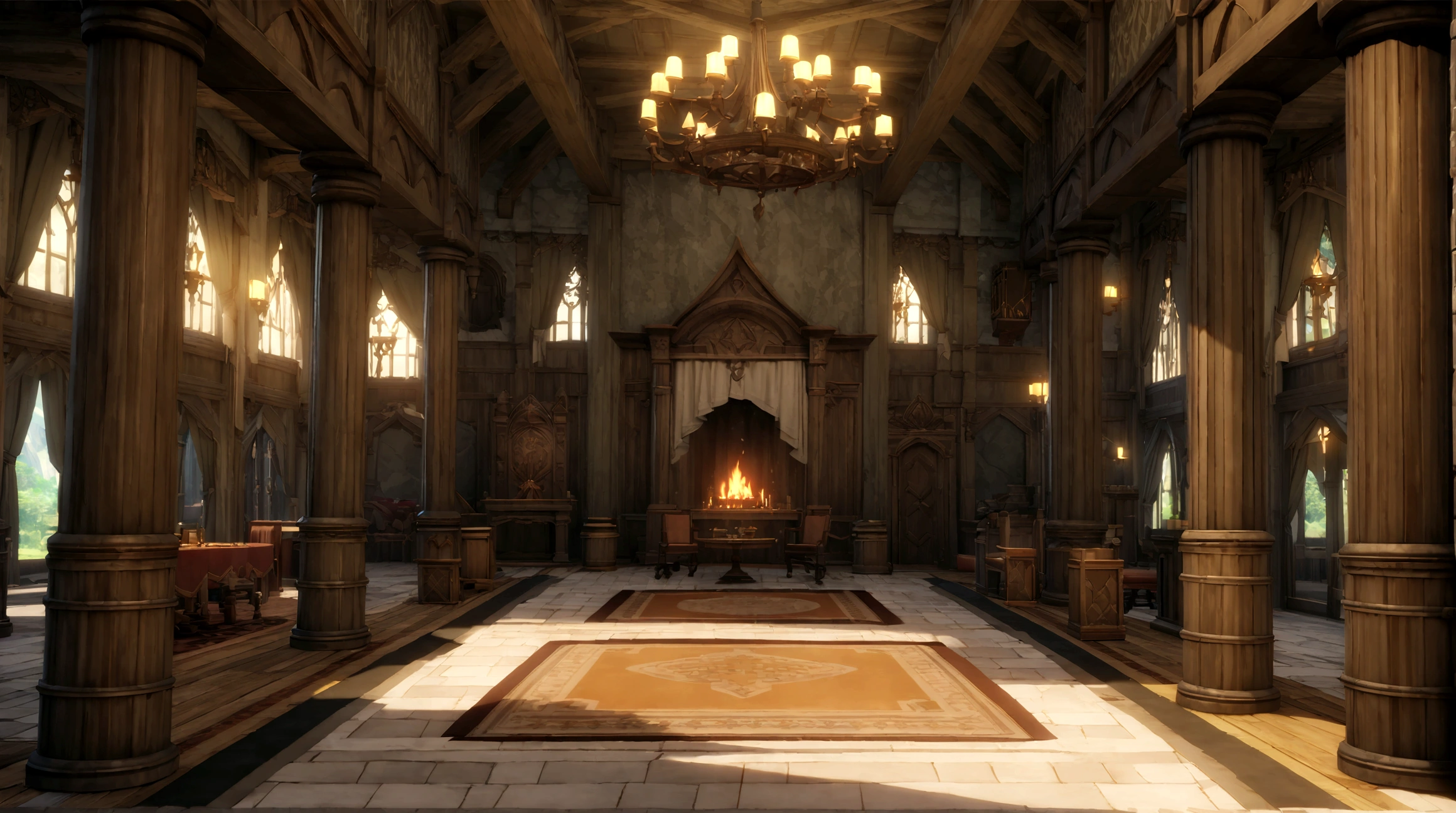 anime aestrrics, game render, anime lanscape, nord architecture, hall of fame, banners on the wooden collumns, fireplace iin the center, throne room, throne on the back of the room, heroic atmosphere, ornate carpet on the floor, dining hall, jarls keep, wide shot, highres, 4K, 8k, best quality, award winning, super detail, masterpiece