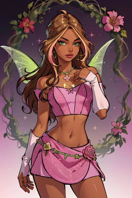 (Flora), (dark skin, brown hair, blonde hair strips, green eyes), (FairyOutfit), (pink dress, two-piece dress, midriff, crop top, navel, bare shoulders, pink gloves, sparkling outfit, flower necklace, green fairy wings), ((pink shirt)), nature background, flowery background, vines, (realistic:1.2), (masterpiece:1.2), (full-body-shot:1),(Cowboy-shot:1.2), neon lighting, dark romantic lighting, (highly detailed:1.2),(detailed face:1.2), (gradients), colorful, detailed eyes, (natural lighting:1.2), (neutral standing pose:1.2), (solo, one person, 1girl:1.5),