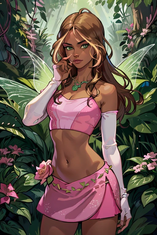 (Flora), (dark skin, brown hair, blonde hair strips, green eyes), (FairyOutfit), (pink dress, two-piece dress, midriff, crop top, navel, bare shoulders, pink gloves, sparkling outfit, flower necklace, green fairy wings), ((pink shirt)), nature background, flowery background, vines, (realistic:1.2), (masterpiece:1.2), (full-body-shot:1),(Cowboy-shot:1.2), neon lighting, dark romantic lighting, (highly detailed:1.2),(detailed face:1.2), (gradients), colorful, detailed eyes, (natural lighting:1.2), (neutral standing pose:1.2), (solo, one person, 1girl:1.5),