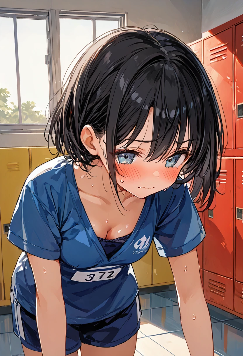 ((1girl)), locker room, There is no one around, evening, Sunset is shining through the window, nsfw, masterpiece, 8k, Girl, Small breasts, , Light, god々Shii, まぶShii, Black Hair, nipple, Embarrassed face, blush, Sweat, Changing clothes, In the middle of taking off your pants, Leaning forward, Cleavage