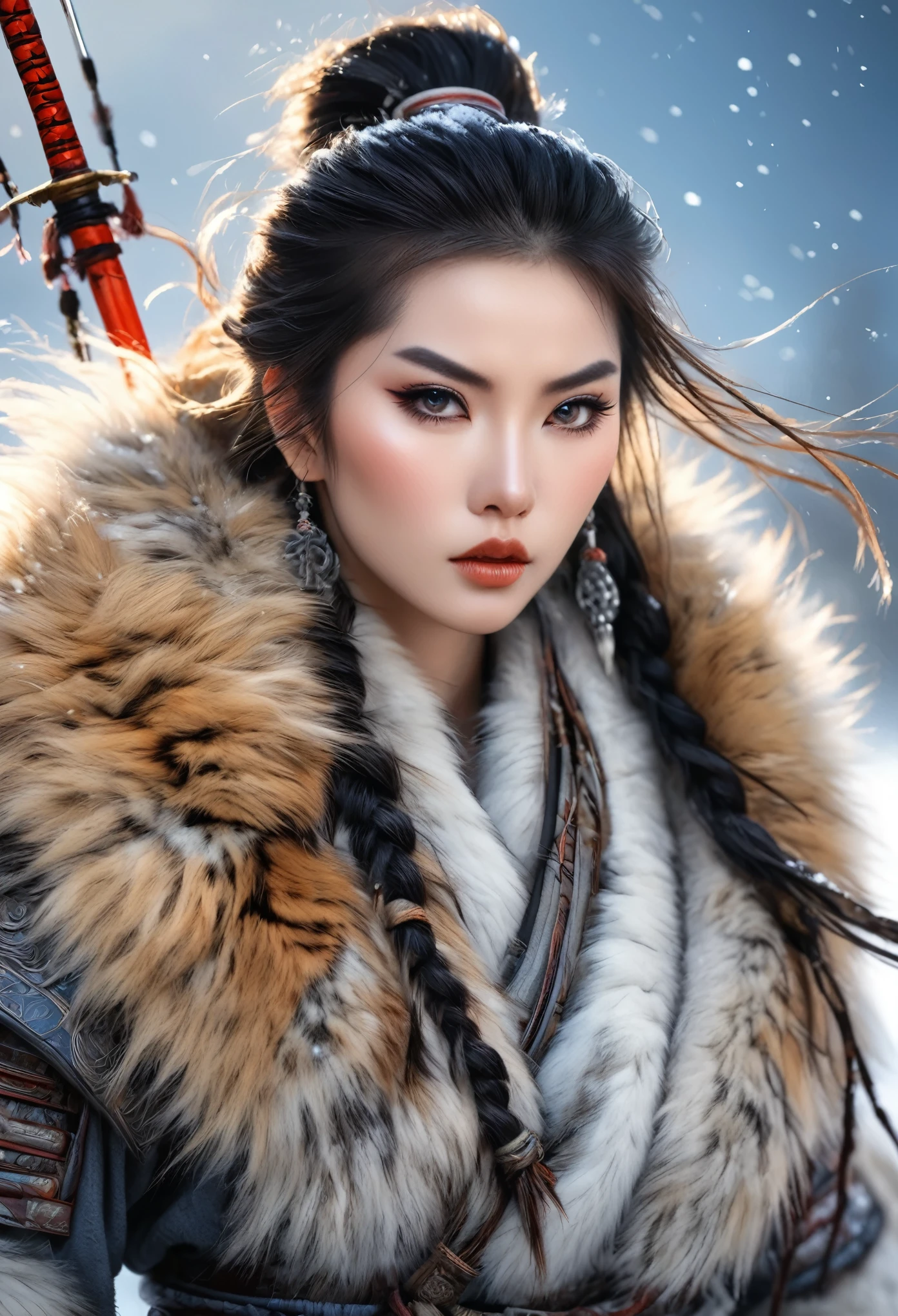 (best quality,4k,8K,High resolution,masterpiece:1.2),Extremely detailed,(Practical,photoPractical,photo-Practical:1.37),Thick fur winter coat,Creative fusion of traditional Chinese design patterns and contemporary elements, High Ponytail, Intense expression, Energetic, Sharp eyes, 1 Samurai, Handsome face, Tiger beast, Epic Fantasy Character Art, wearing intricate fur armor, Luis Royo (Luis Royo) style, Northern female warrior holding a spear, HDR, Ultra HD, Studio Lighting, Super Fine, Clear focus, Physically Based Rendering, Extremely detailed的描述, professional, Bright colors, Bokeh, portrait, landscape
