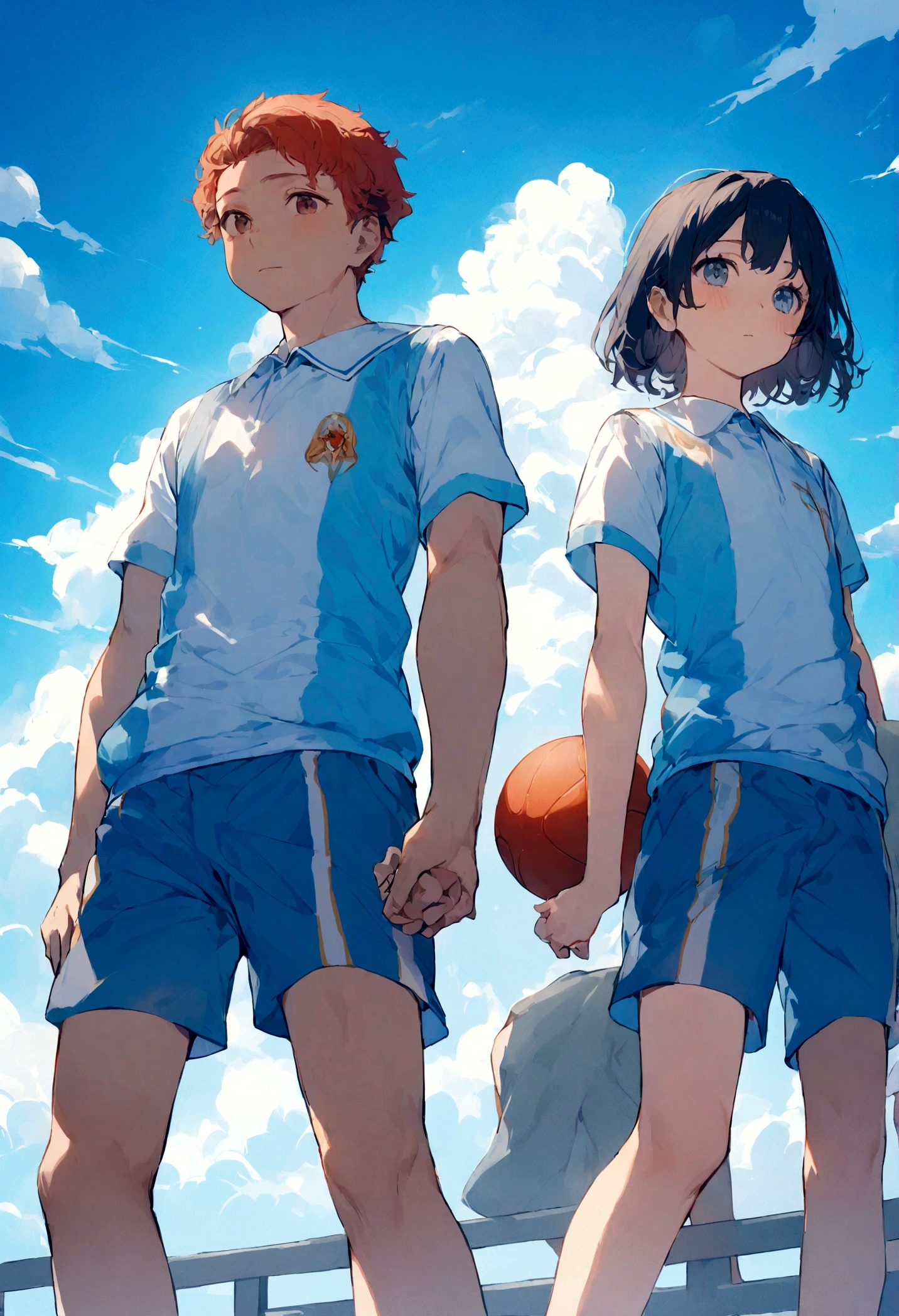 A man wearing shorts with his , With cloud, With blue sky, With a beautiful sky、Primary school students、Primary school students男子、Holding the ball、beautiful、cute、high resolution、Sports、Front facing、Two people stand side by side、The whole body is shown、Stand at an angle