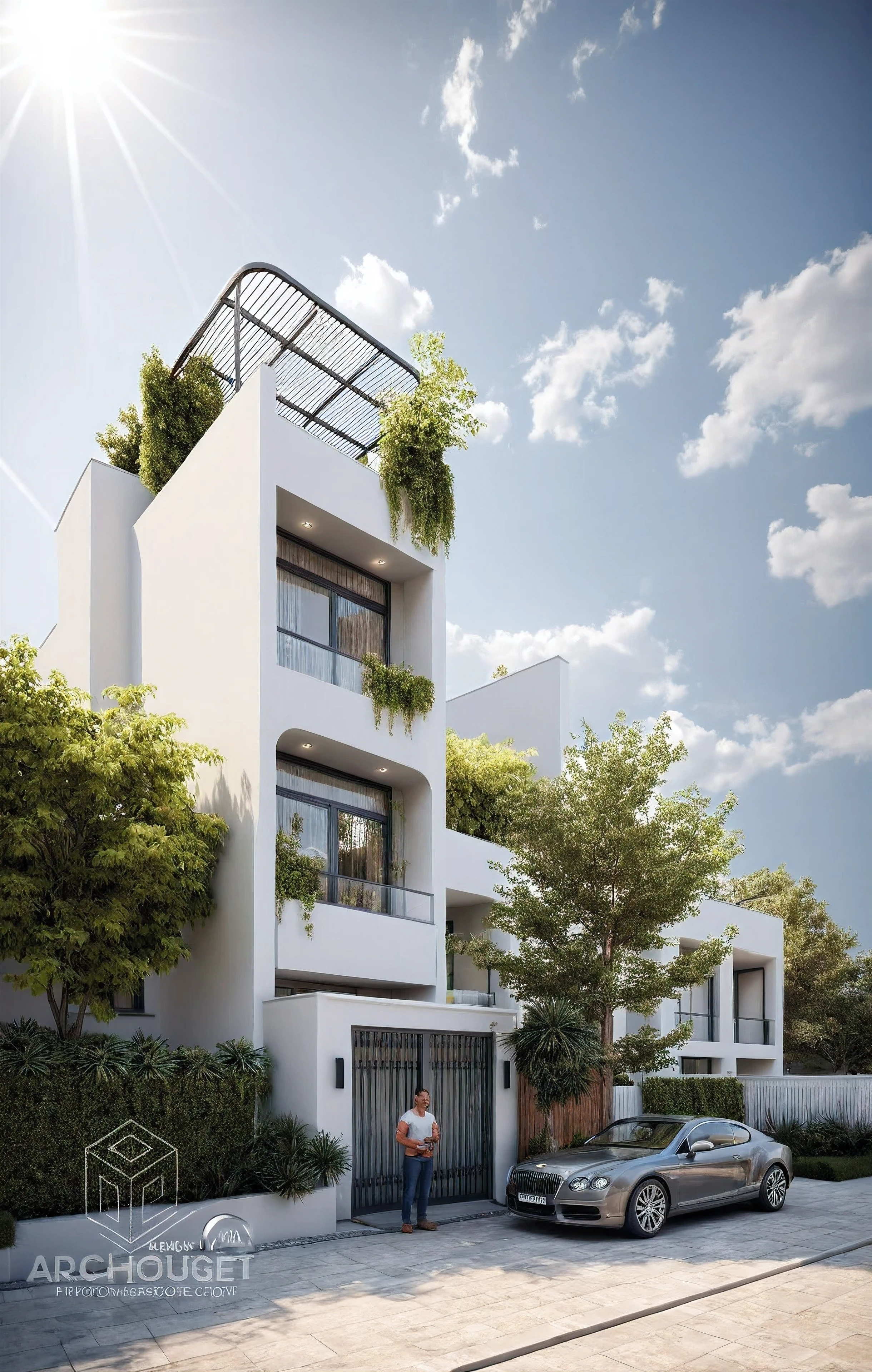 modern villa, modern style, exterior design, perspective view, white wall, (block sidewalks and asphalt roads), (next door neighbor's house), (sun light sky background), Low trees around the house, overall peaceful atmosphere cinematic photo, (Neutral lighting is suitable for the modern villa, light color thermometer sun light 5500 KEVIN), (architectural design visualization), (reflection), (focus on object), (material normal bump real reflection), (scattered light), (light ray), (multi-beam light), (sunbeam) (multi-level reflection), (chao vantge software visualization render),(((Best Quality))), ((Masterpiece)), ((best illustration)), ((best shadows)), ((Super Detail)), (Intricate lines), (Photorealism),(hyper detail), ((archdaily)), ((award winning design)), (dynamic light), ((day)), (perfect light), (shimering light), ((photorealistic)), ((intricate detail)), ((extreme detail)), ((science)), ((hyper-detail)), ((super detail)), ((super reality)), ((crazy detail)), ((octane render)), ((Cinematic)), ((trending on artstation)), ((High-fidelity)), ((Viwvid)), ((Crisp)), ((Bright)), ((Stunning)), ((Eye-catching)), ((High-quality)),((Sharp))((Bright)), ((Stunning)), Natural, ((Eye-catching)), ((Illuminating)), ((Flawless)), ((High-quality)),((Sharp edge render)), ((medium soft lighting)), ((photographic render)), ((detailed archviz)), Sunlight shines into the house, reality environment, spring setting, tropical style space, Aluminum gates, balcony doors, modern townhouse design windows